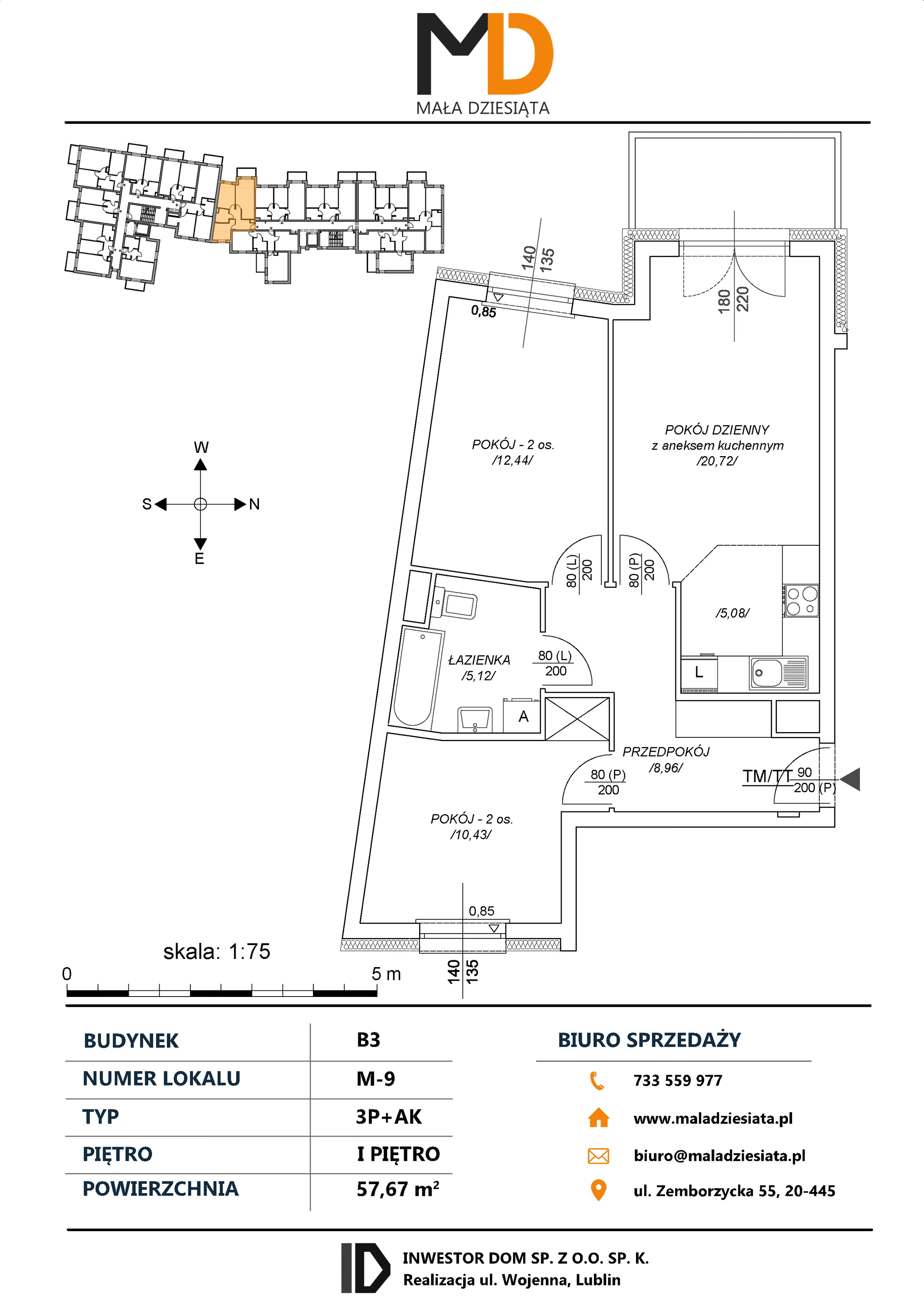 3 pokoje, mieszkanie 57,67 m², piętro 1, oferta nr M9, Mała Dziesiąta, Lublin, Dziesiąta, ul. Wojenna