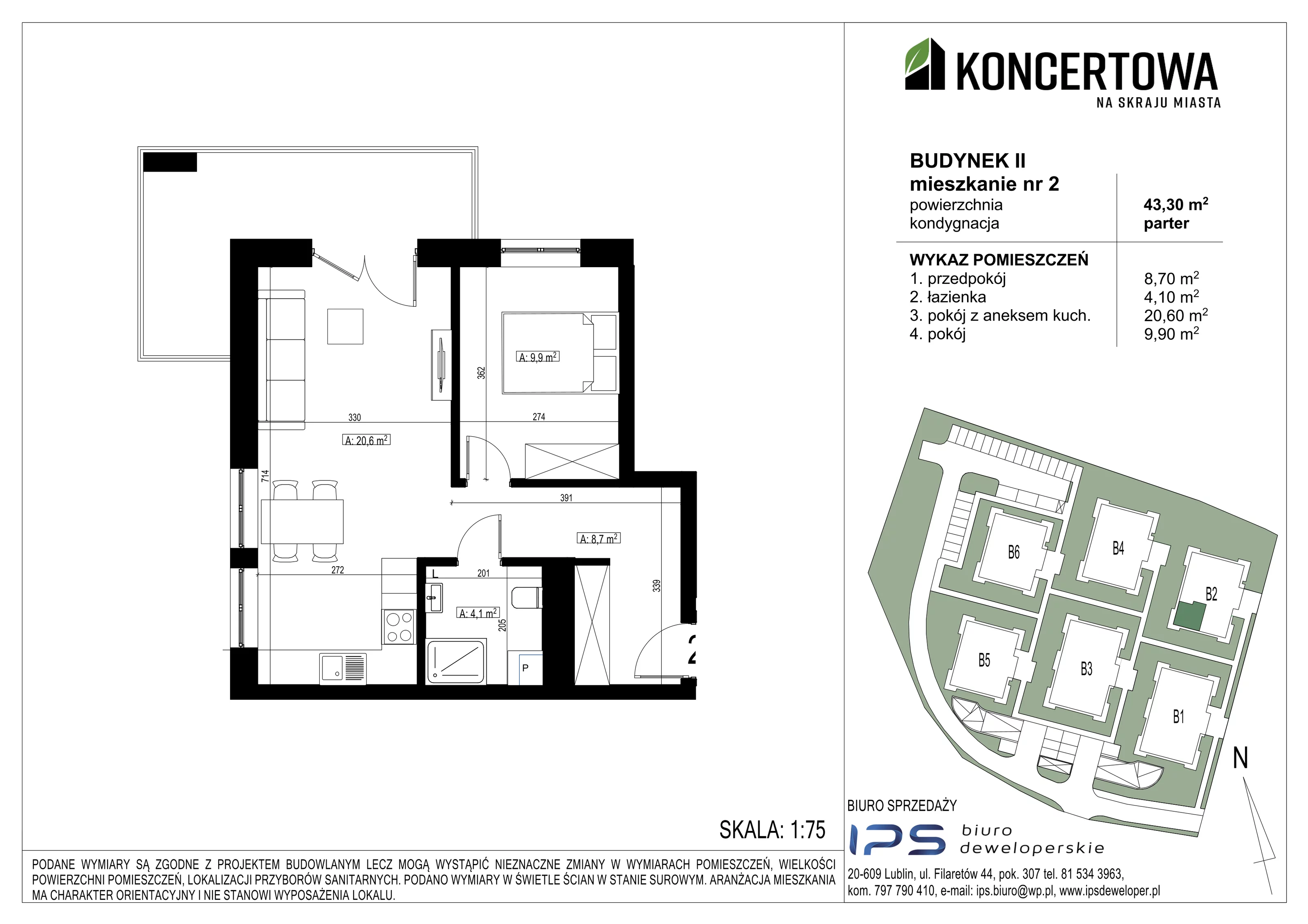 Mieszkanie 43,30 m², parter, oferta nr 2_II/2, KONCERTOWA - Na skraju miasta, Lublin, Czechów Północny, Czechów Północny,  ul. Koncertowa