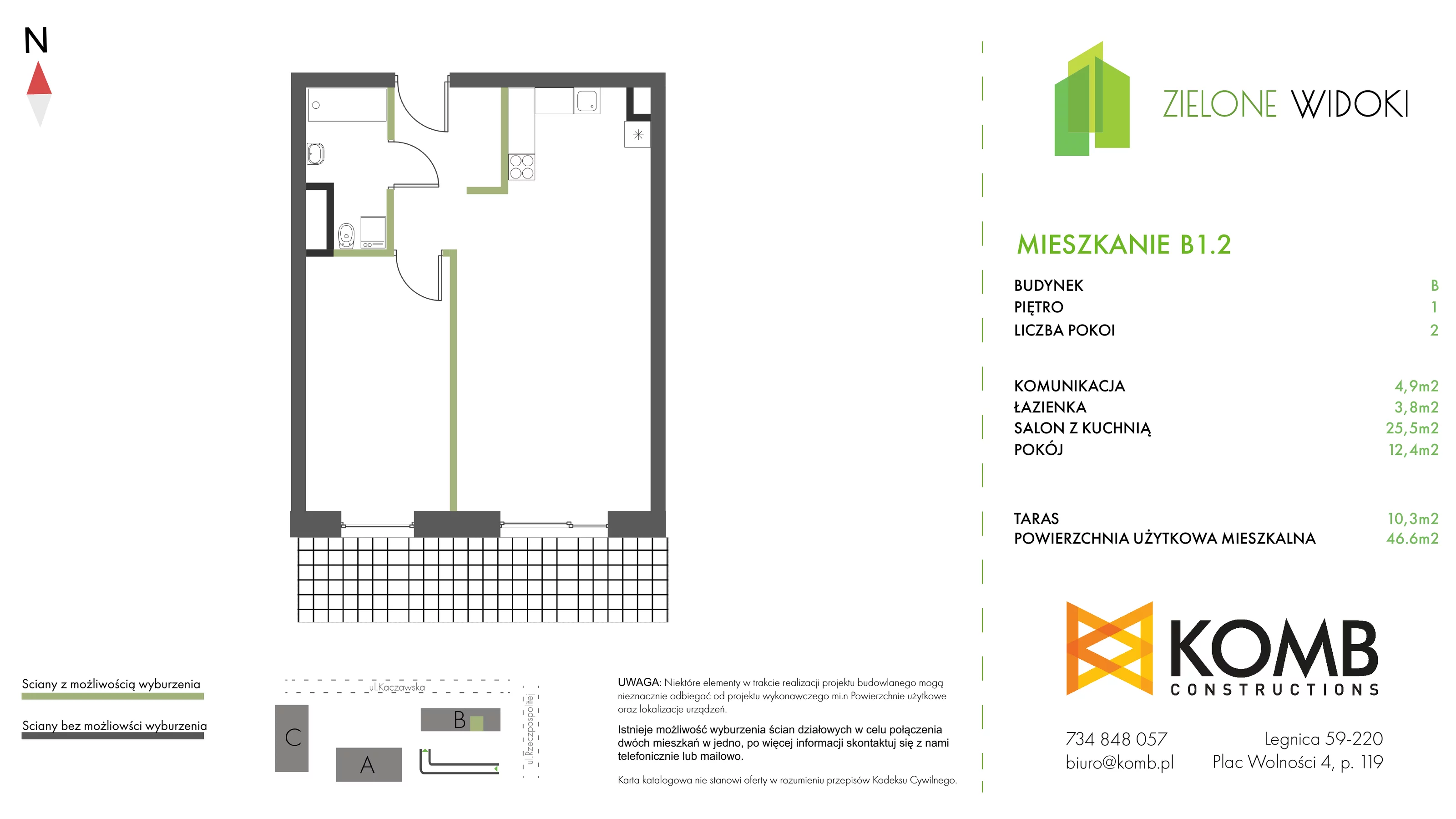 Mieszkanie 46,60 m², piętro 1, oferta nr B1.2, Zielone Widoki, Legnica, Bielany, al. Rzeczypospolitej 23