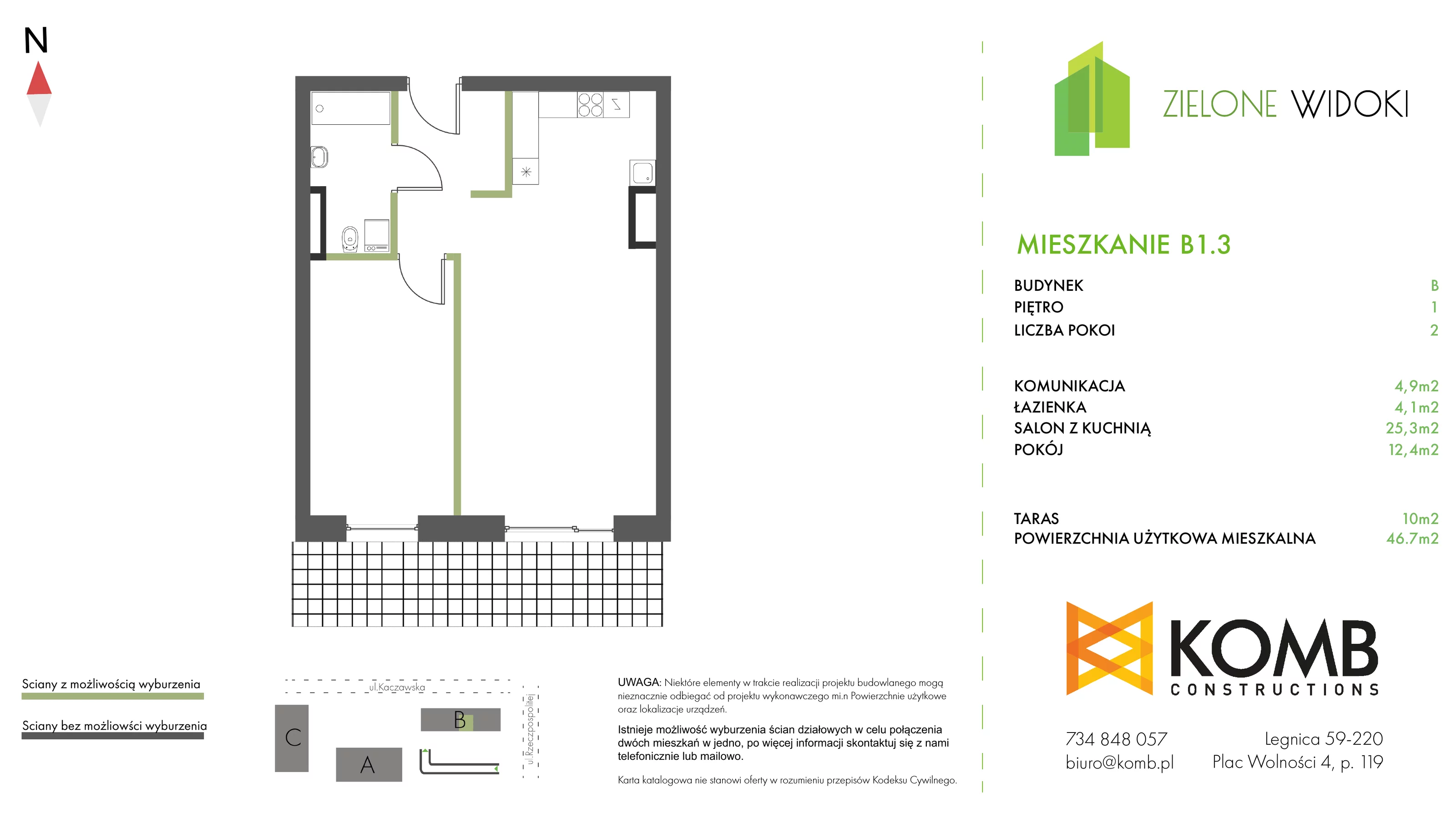 Mieszkanie 46,70 m², piętro 1, oferta nr B1.3, Zielone Widoki, Legnica, Bielany, al. Rzeczypospolitej 23