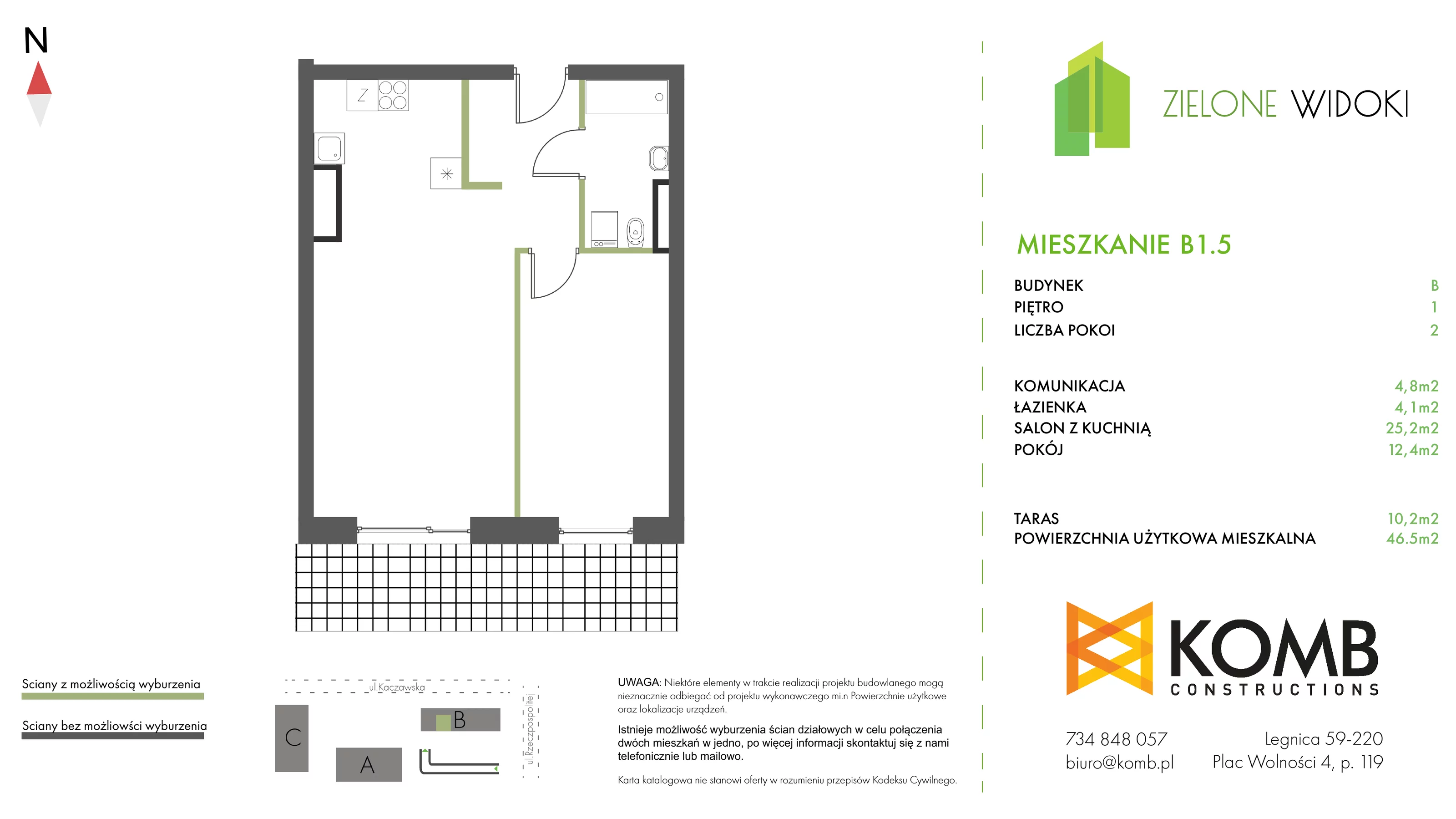 Mieszkanie 46,50 m², piętro 1, oferta nr B1.5, Zielone Widoki, Legnica, Bielany, al. Rzeczypospolitej 23