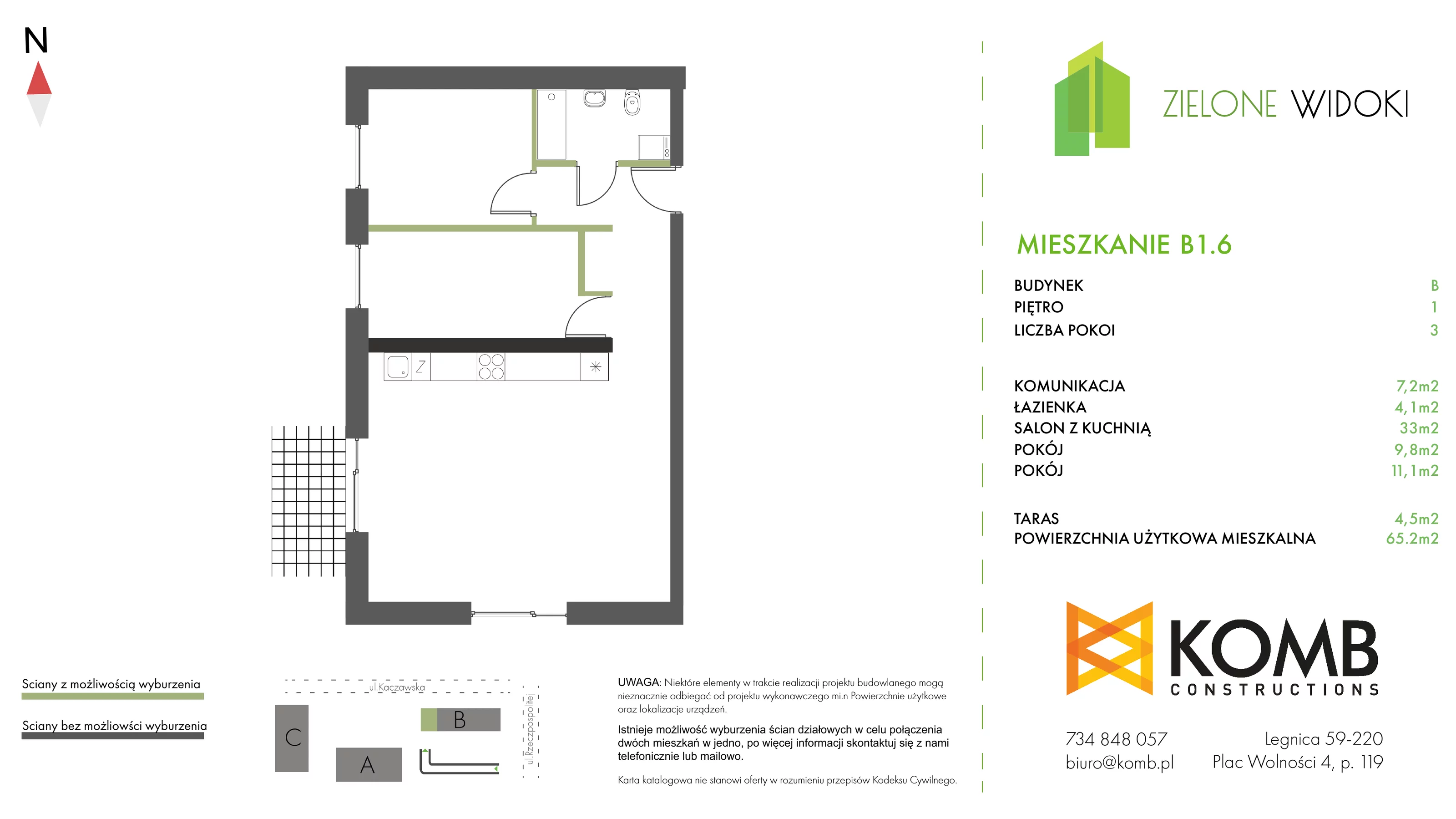 Mieszkanie 65,20 m², piętro 1, oferta nr B1.6, Zielone Widoki, Legnica, Bielany, al. Rzeczypospolitej 23