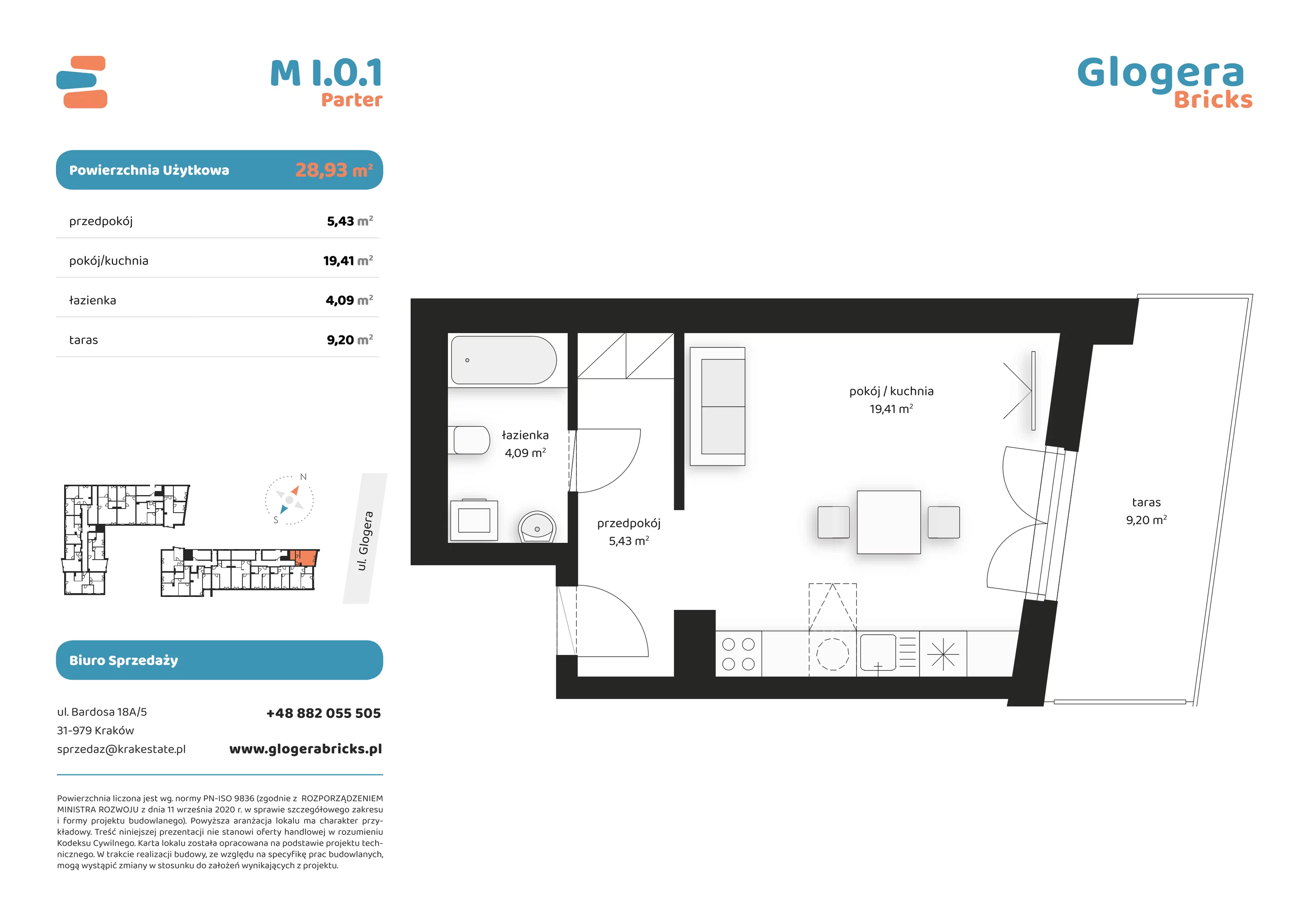 Mieszkanie 28,93 m², parter, oferta nr M/I.0.1, Glogera Bricks, Kraków, Prądnik Biały, ul. Zygmunta Glogera