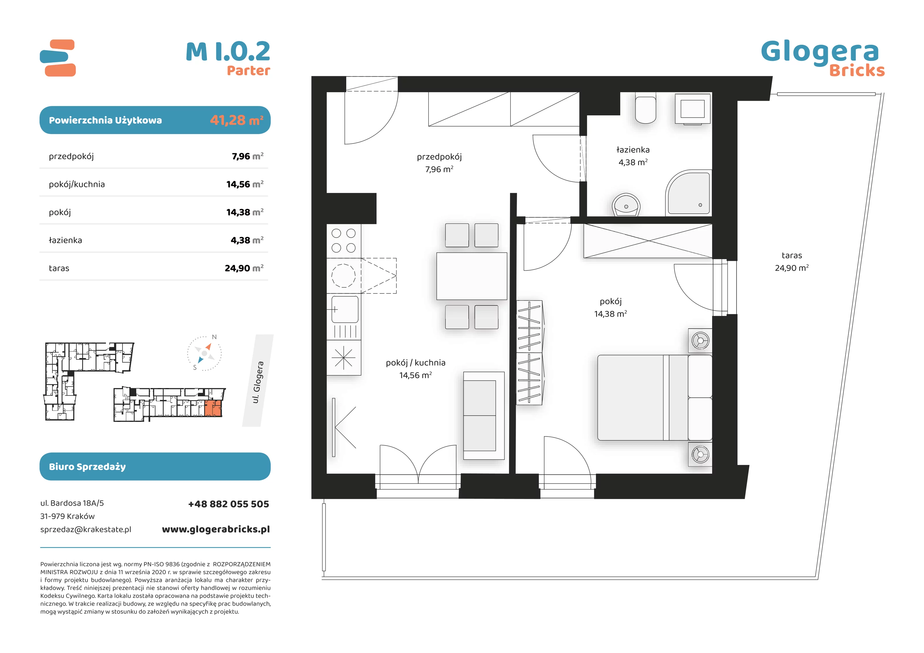 Mieszkanie 41,28 m², parter, oferta nr M/I.0.2, Glogera Bricks, Kraków, Prądnik Biały, ul. Zygmunta Glogera