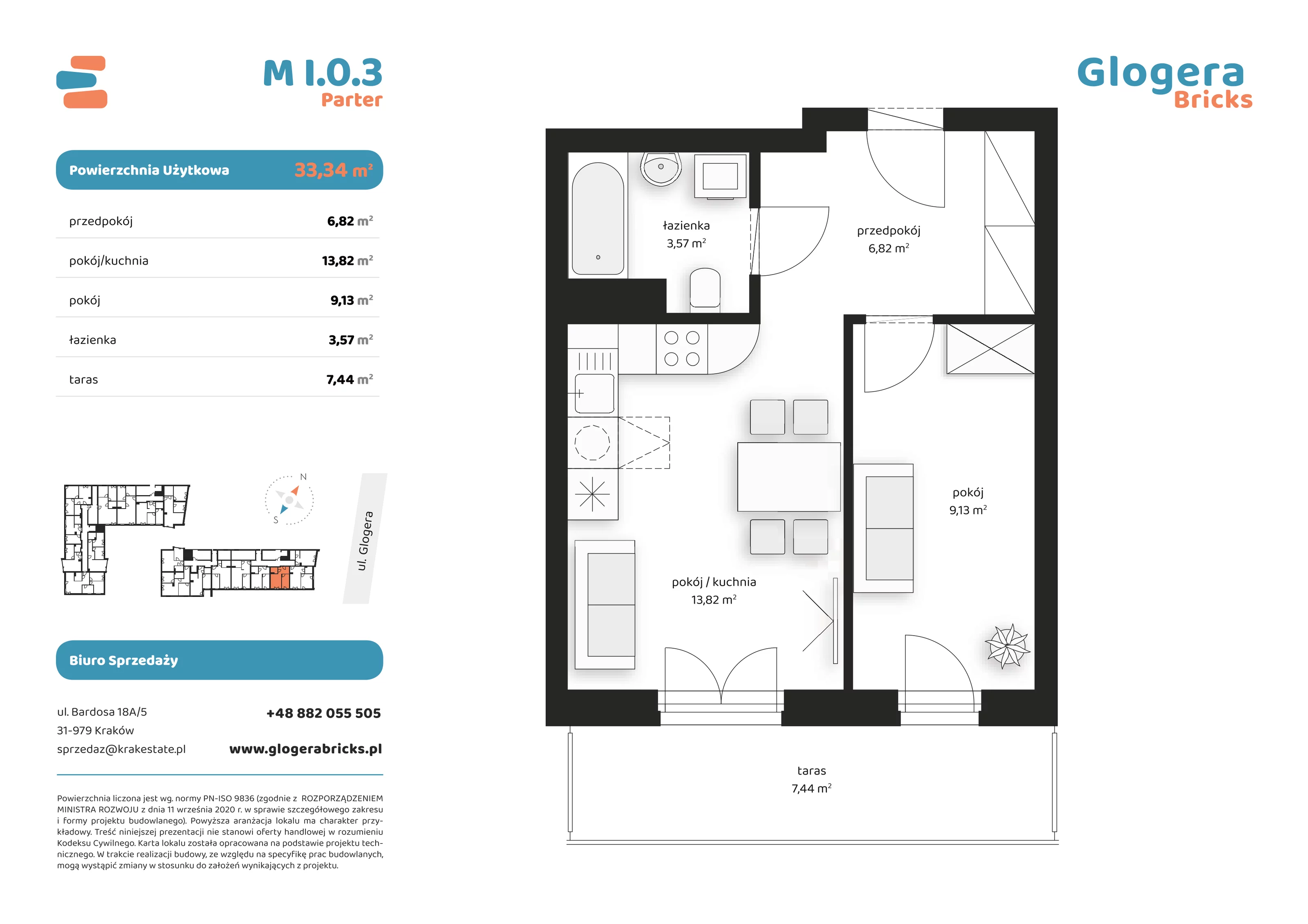 Mieszkanie 33,34 m², parter, oferta nr M/I.0.3, Glogera Bricks, Kraków, Prądnik Biały, ul. Zygmunta Glogera