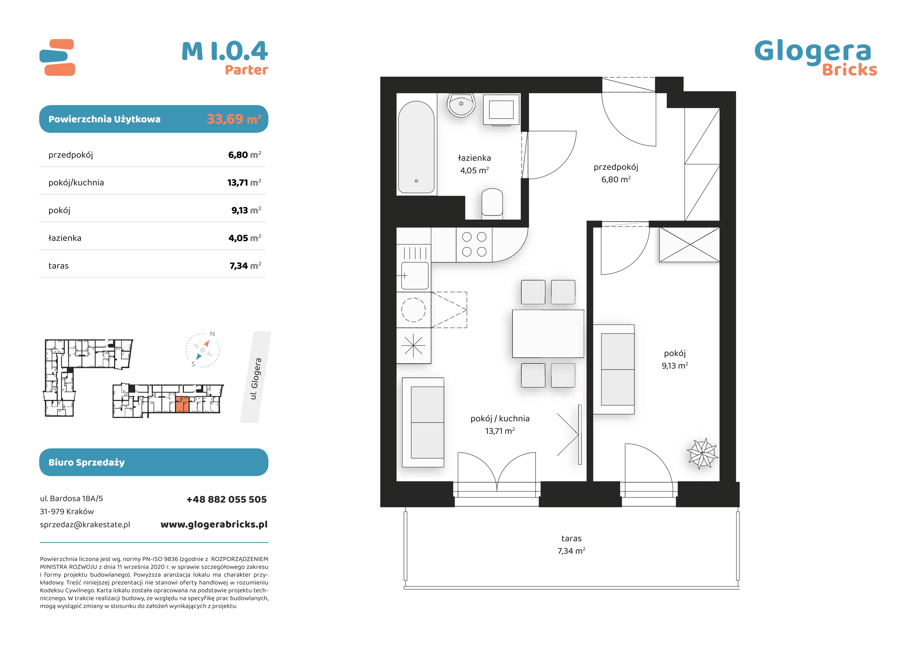 Mieszkanie 33,69 m², parter, oferta nr M/I.0.4, Glogera Bricks, Kraków, Prądnik Biały, ul. Zygmunta Glogera