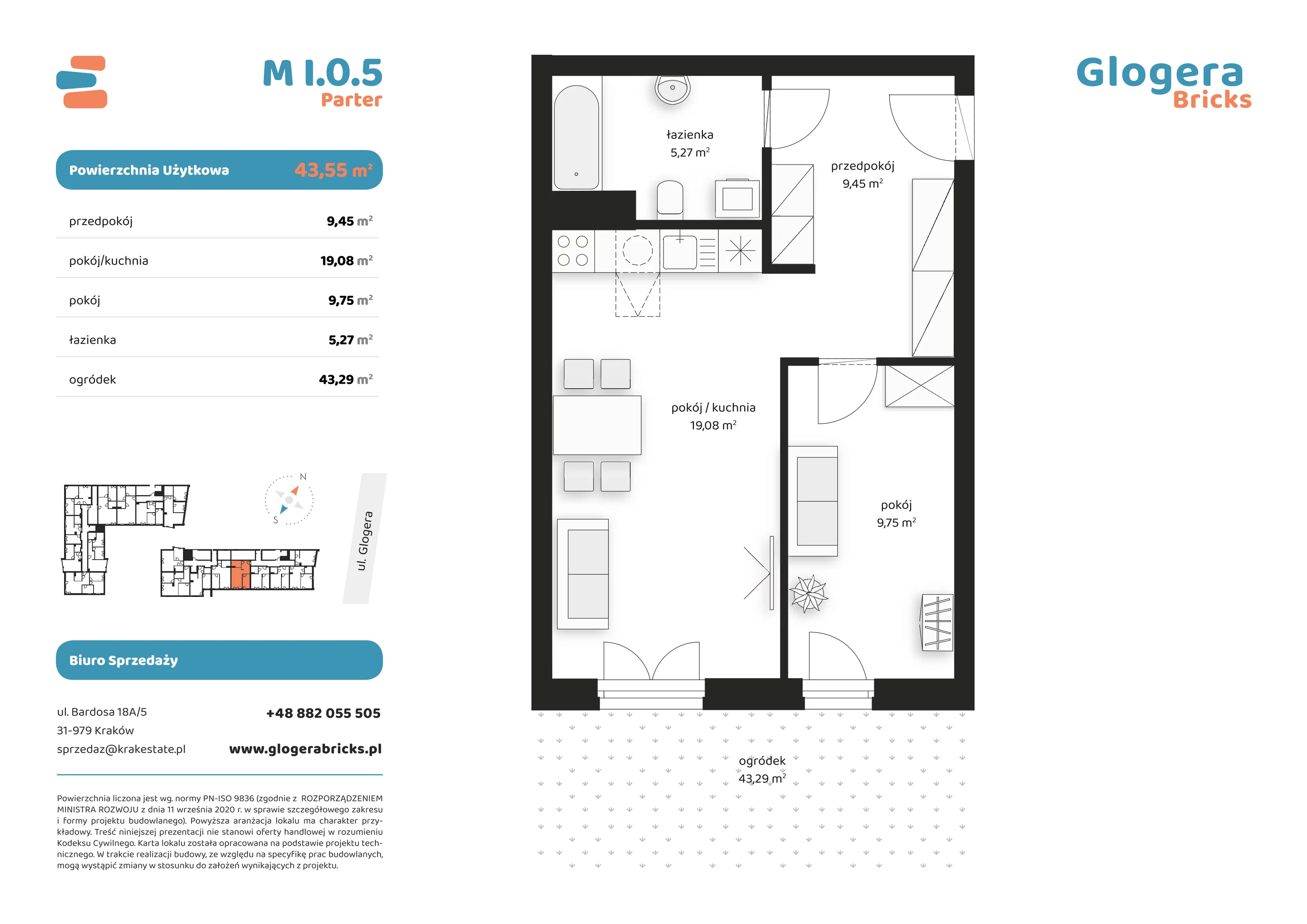 Mieszkanie 43,55 m², parter, oferta nr M/I.0.5, Glogera Bricks, Kraków, Prądnik Biały, ul. Zygmunta Glogera