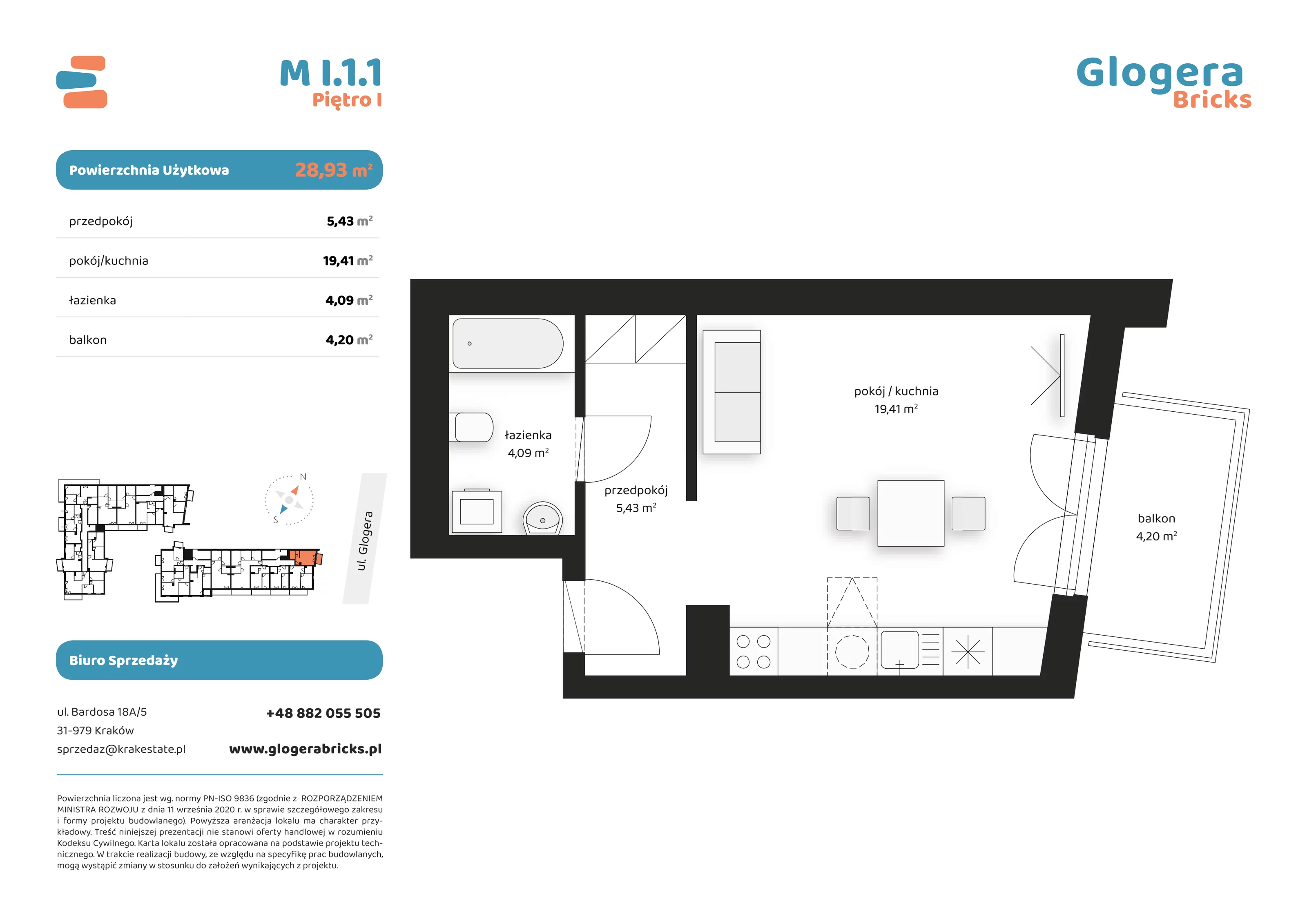 Mieszkanie 28,93 m², piętro 1, oferta nr M/I.1.1, Glogera Bricks, Kraków, Prądnik Biały, ul. Zygmunta Glogera