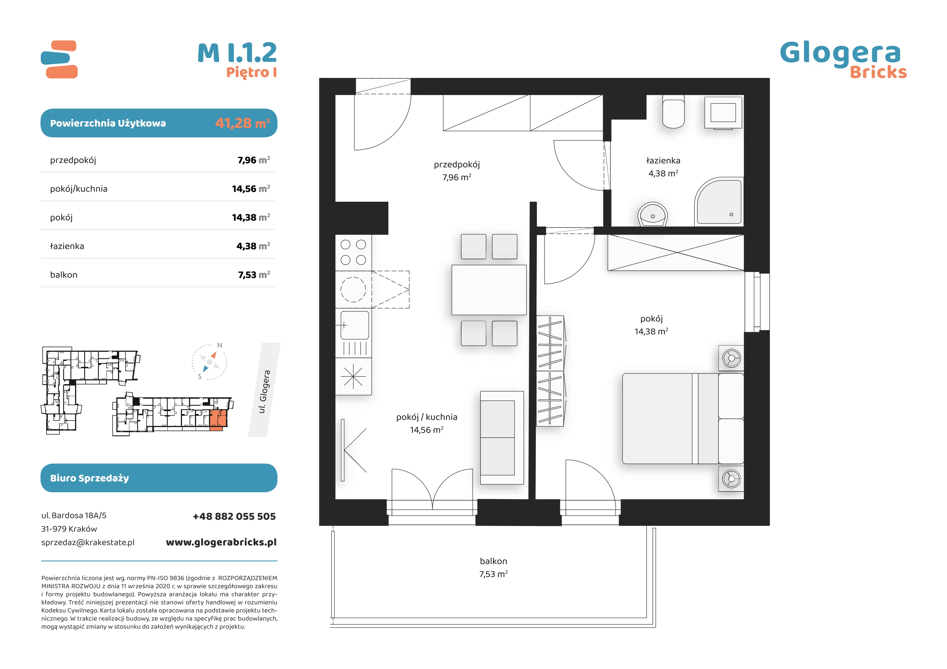 Mieszkanie 41,28 m², piętro 1, oferta nr M/I.1.2, Glogera Bricks, Kraków, Prądnik Biały, ul. Zygmunta Glogera