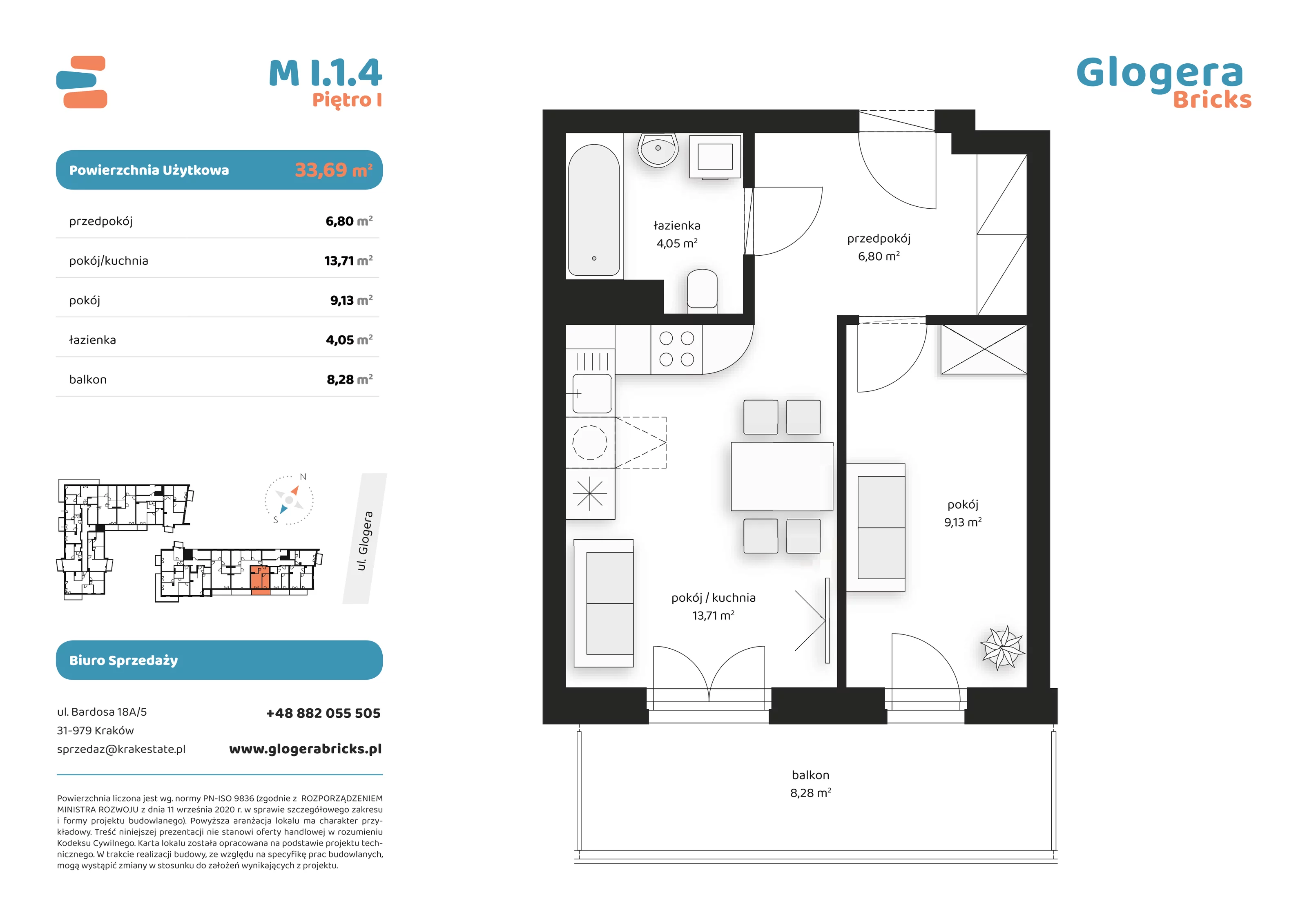 Mieszkanie 33,69 m², piętro 1, oferta nr M/I.1.4, Glogera Bricks, Kraków, Prądnik Biały, ul. Zygmunta Glogera