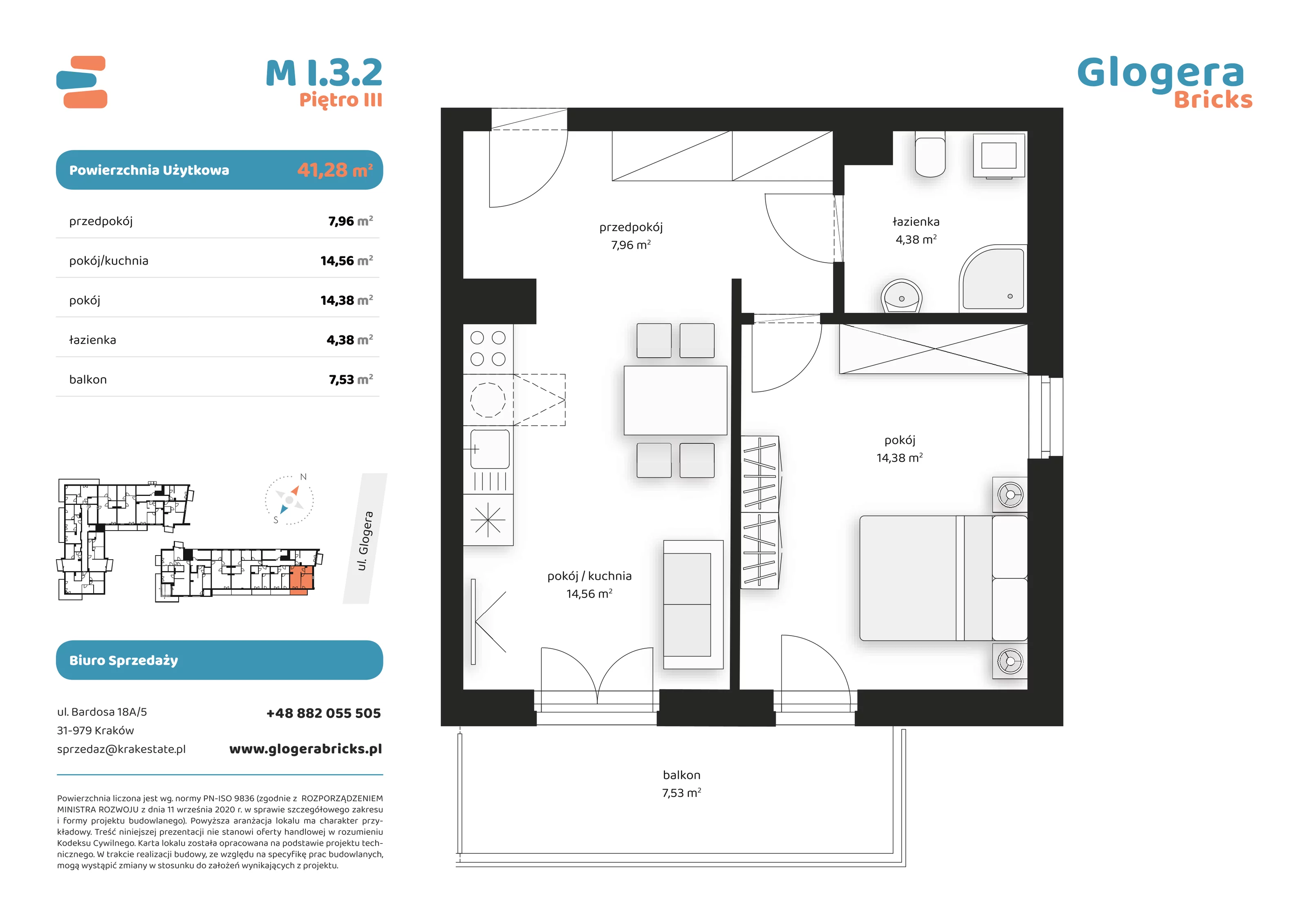 Mieszkanie 41,28 m², piętro 3, oferta nr M/I.3.2, Glogera Bricks, Kraków, Prądnik Biały, ul. Zygmunta Glogera