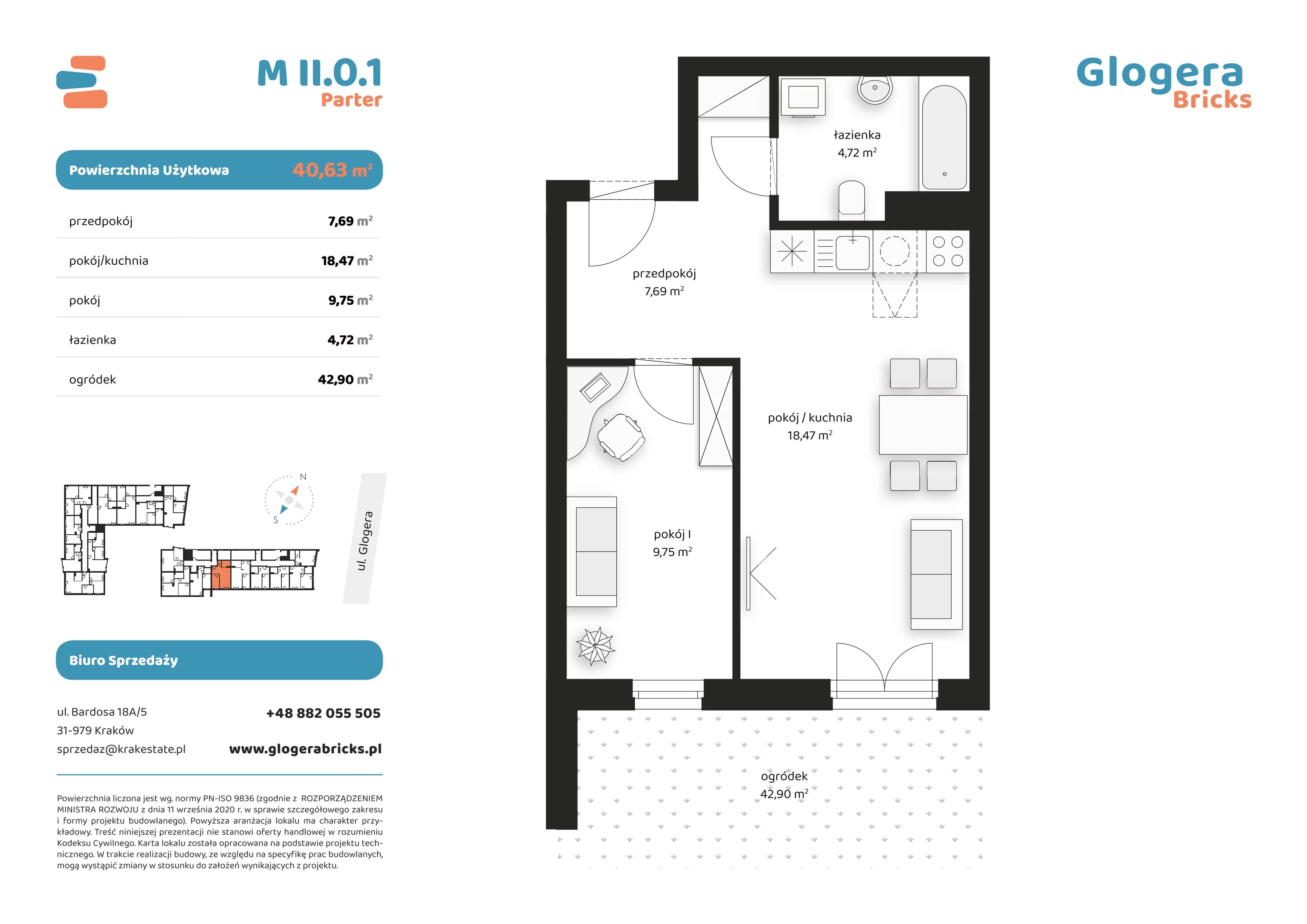 Mieszkanie 40,63 m², parter, oferta nr M/II.0.1, Glogera Bricks, Kraków, Prądnik Biały, ul. Zygmunta Glogera