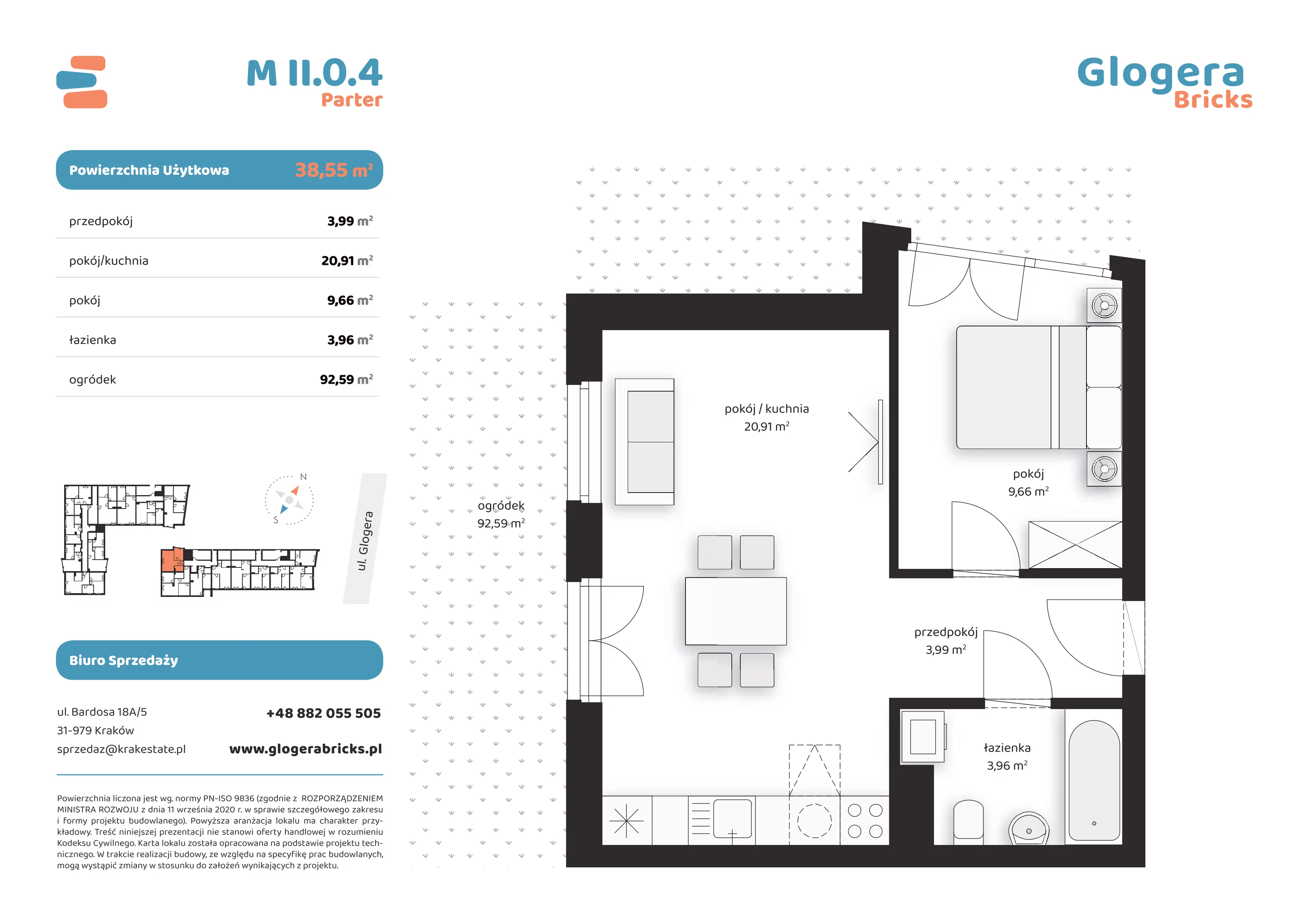 Mieszkanie 38,55 m², parter, oferta nr M/II.0.4, Glogera Bricks, Kraków, Prądnik Biały, ul. Zygmunta Glogera