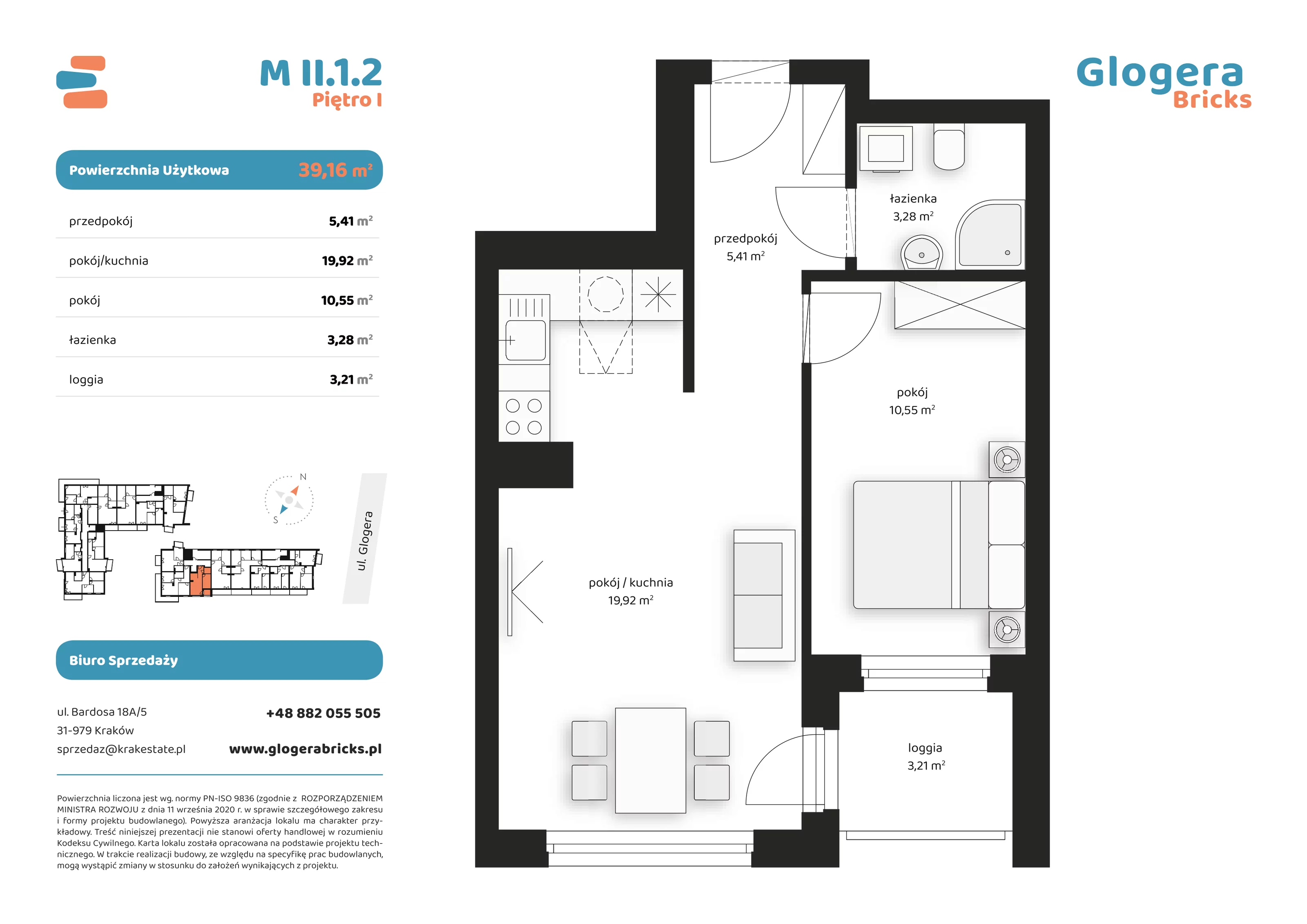 Mieszkanie 39,16 m², piętro 1, oferta nr M/II.1.2, Glogera Bricks, Kraków, Prądnik Biały, ul. Zygmunta Glogera