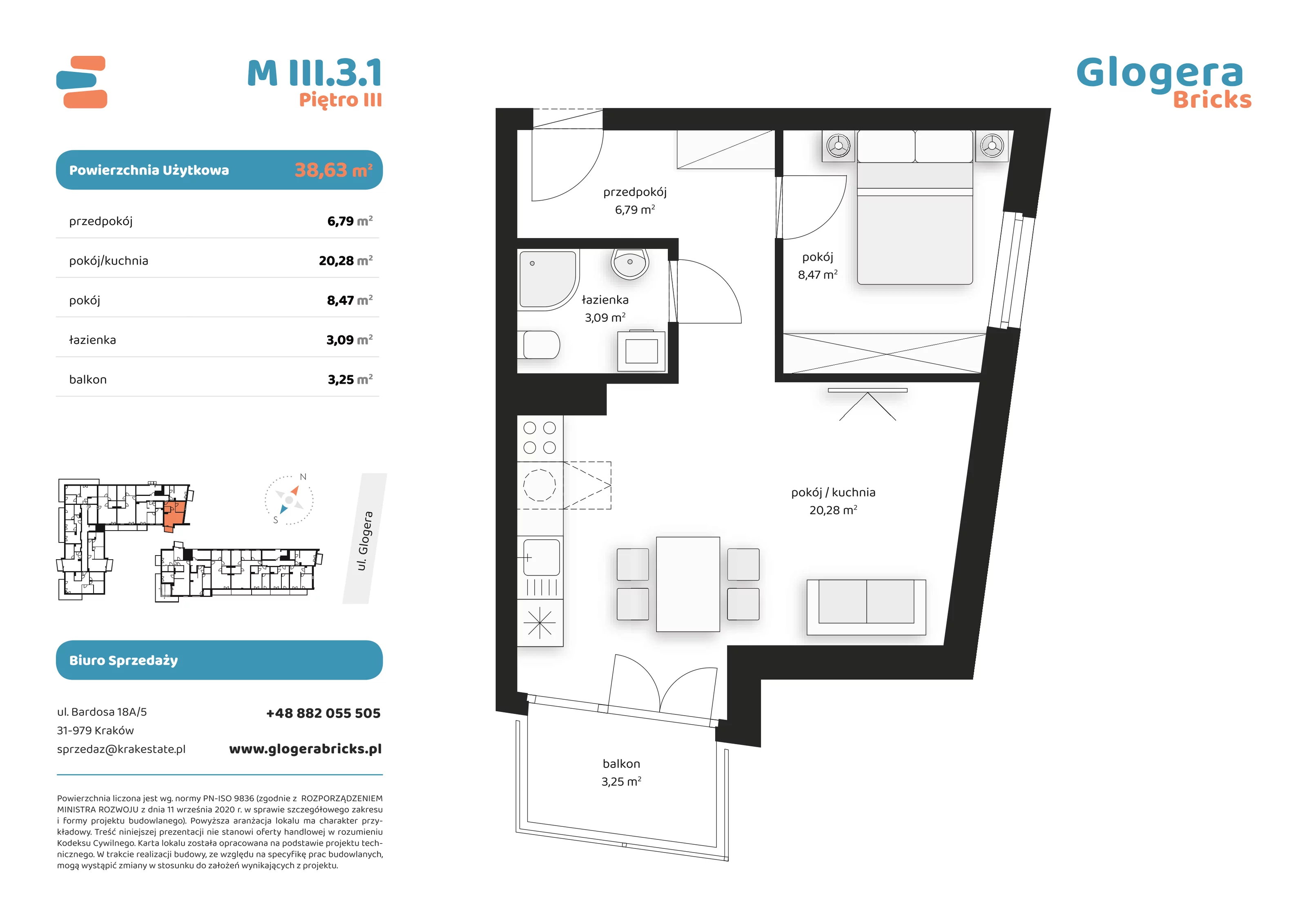 Mieszkanie 38,63 m², piętro 3, oferta nr M/III.3.1, Glogera Bricks, Kraków, Prądnik Biały, ul. Zygmunta Glogera