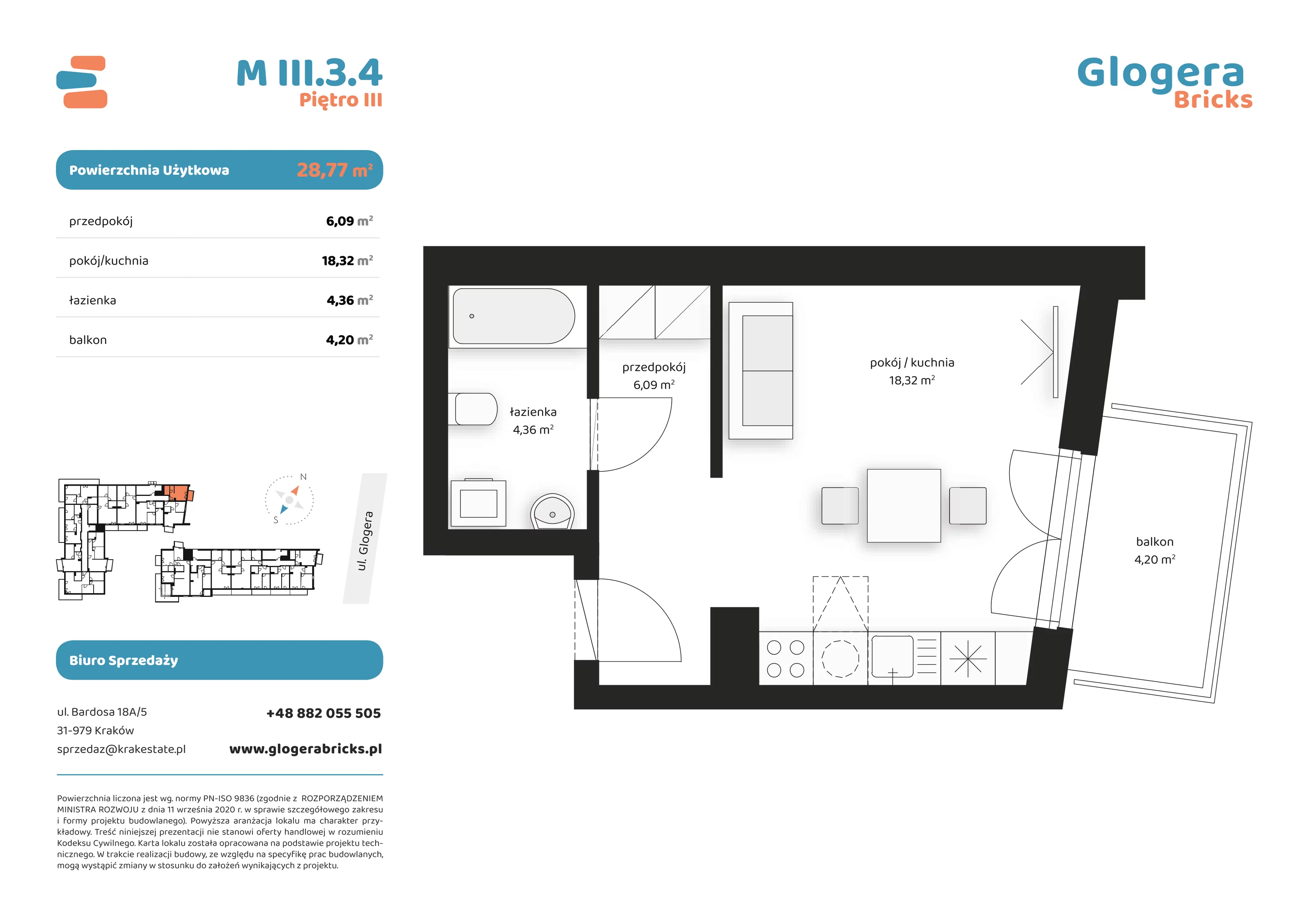 Mieszkanie 28,77 m², piętro 3, oferta nr M/III.3.4, Glogera Bricks, Kraków, Prądnik Biały, ul. Zygmunta Glogera