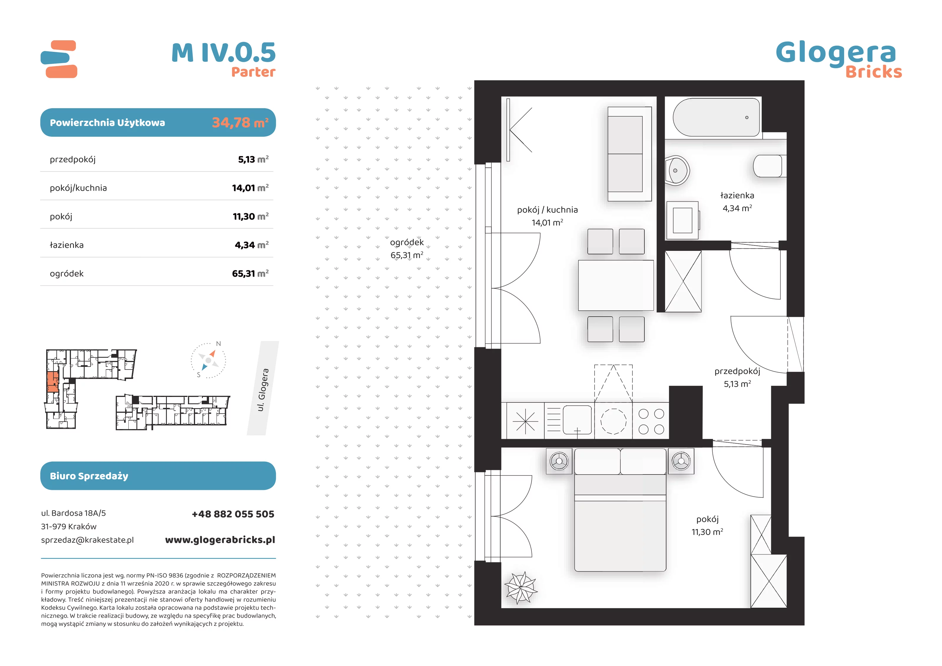 Mieszkanie 34,78 m², parter, oferta nr M/IV.0.5, Glogera Bricks, Kraków, Prądnik Biały, ul. Zygmunta Glogera