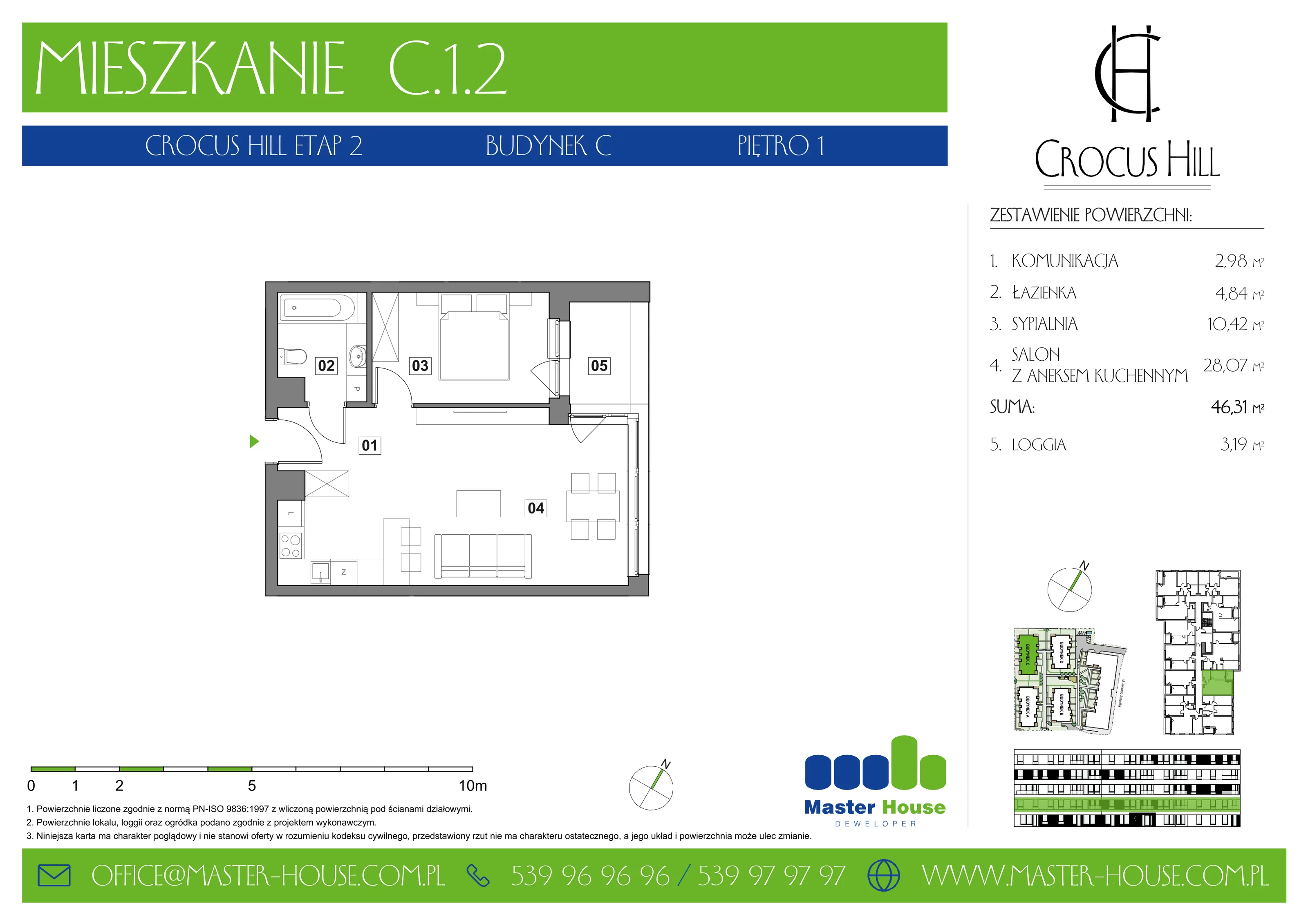 Mieszkanie 46,31 m², piętro 1, oferta nr C.1.2, Crocus Hill, Szczecin, Śródmieście, ul. Jerzego Janosika 2, 2A, 3, 3A