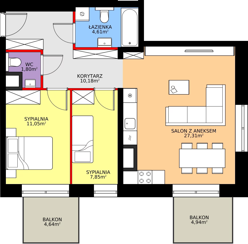 Zalety apartamentu 62.8 m², 47