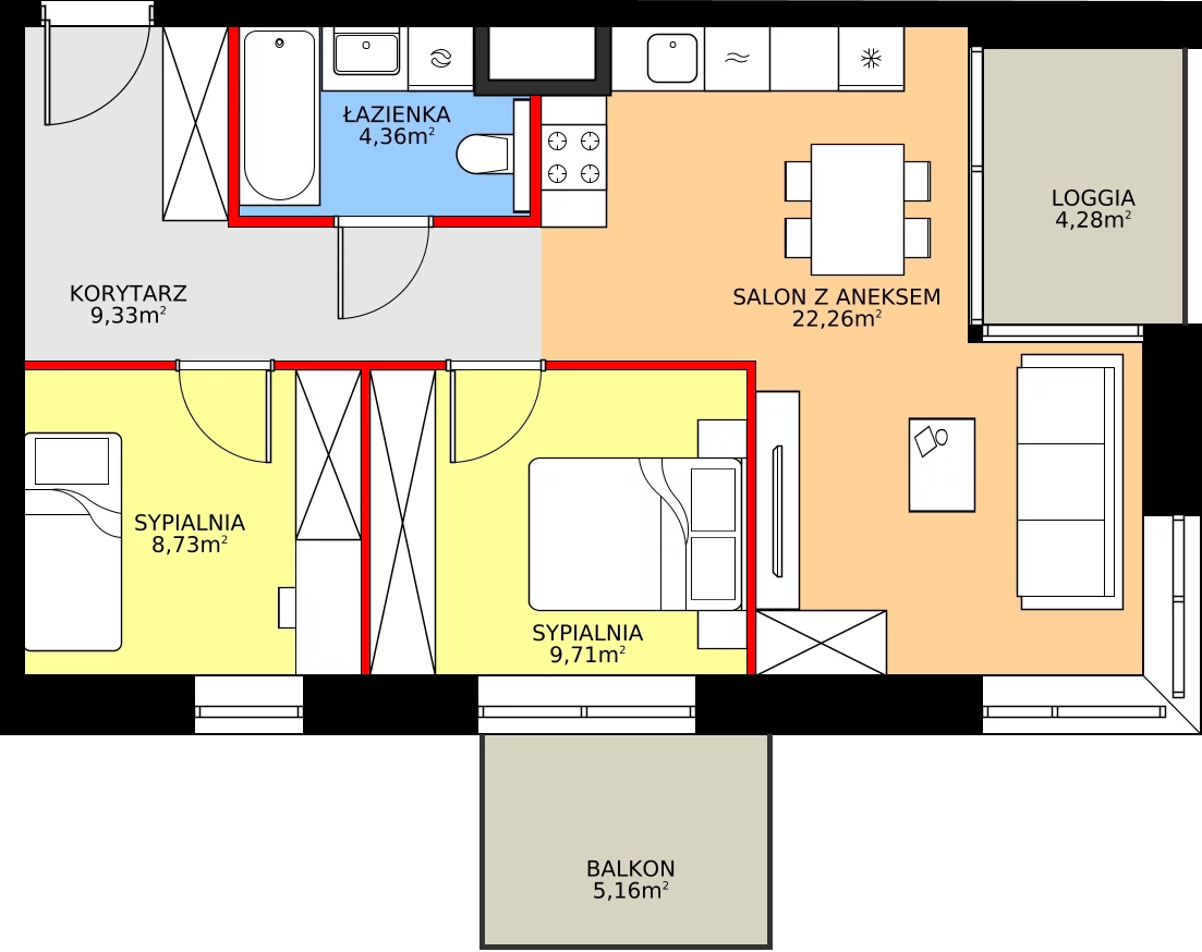 Zalety apartamentu 54.39 m², 52