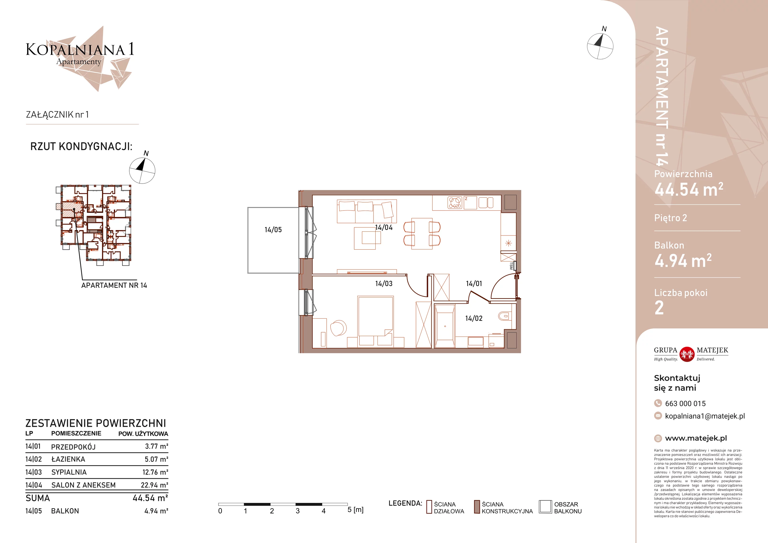 2 pokoje, apartament 44,54 m², piętro 2, oferta nr 14, Kopalniana 1, Katowice, Bogucice, ul. Kopalniana 1