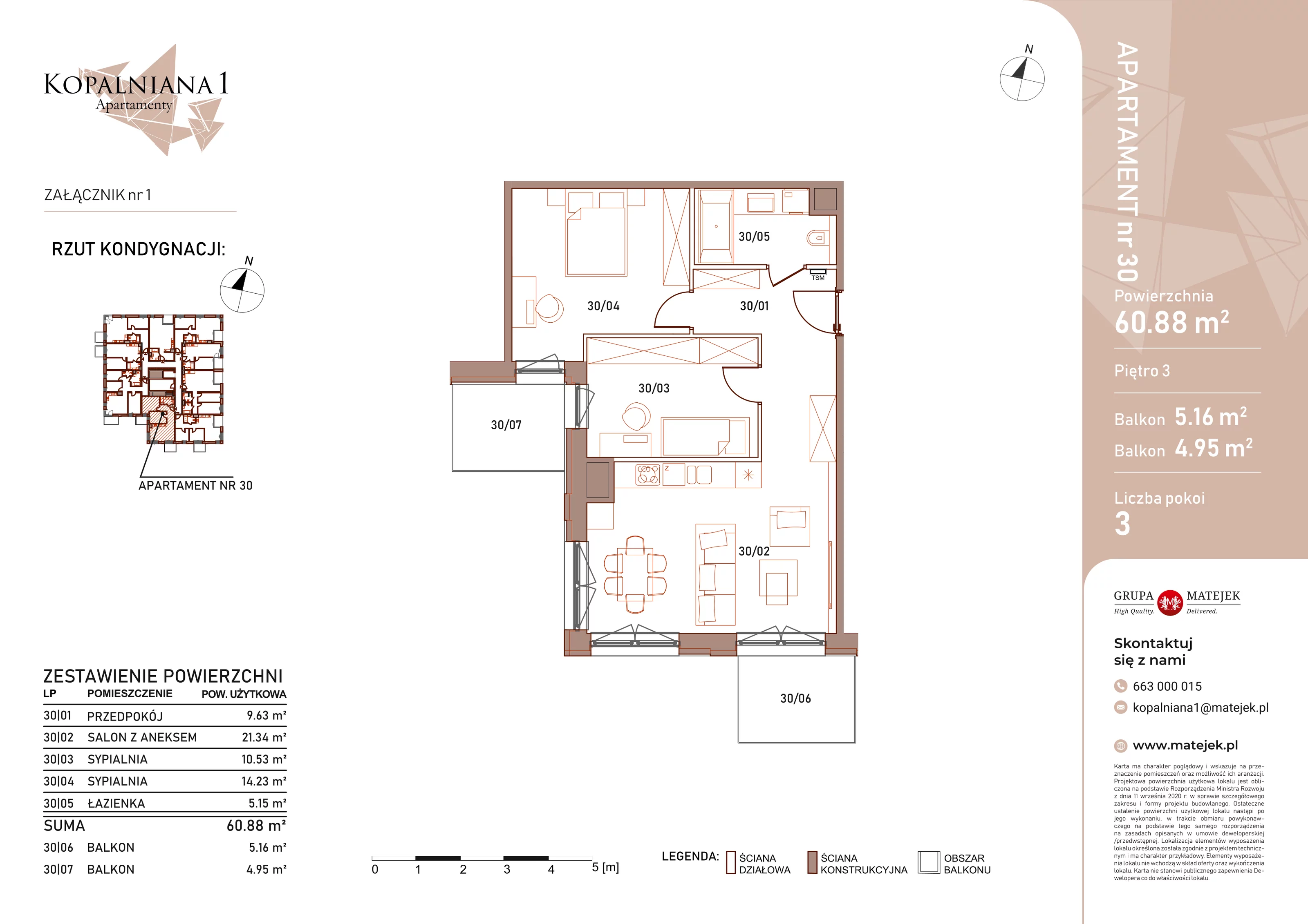 3 pokoje, apartament 60,88 m², piętro 3, oferta nr 30, Kopalniana 1, Katowice, Bogucice, ul. Kopalniana 1
