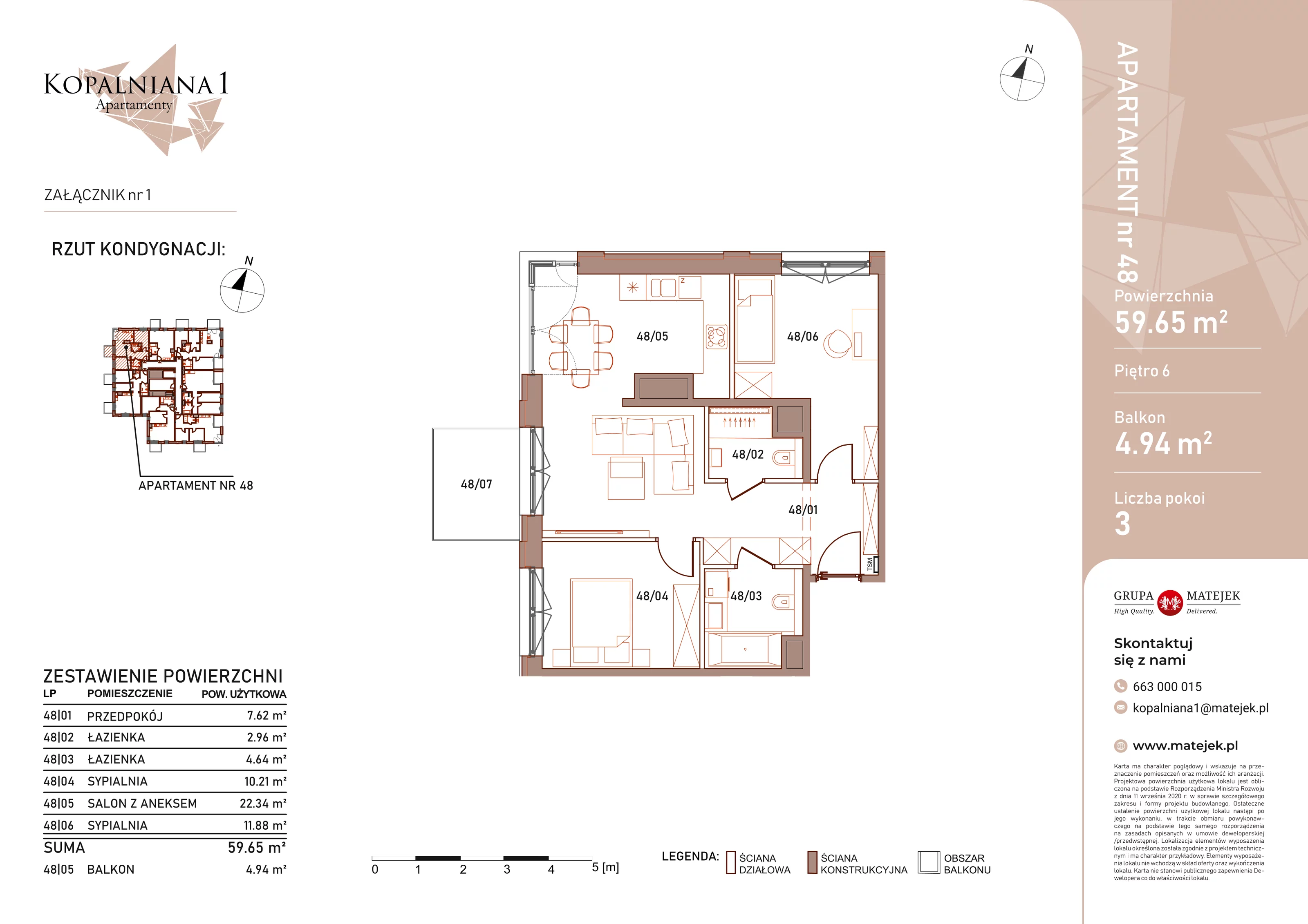 3 pokoje, apartament 59,65 m², piętro 6, oferta nr 48, Kopalniana 1, Katowice, Bogucice, ul. Kopalniana 1