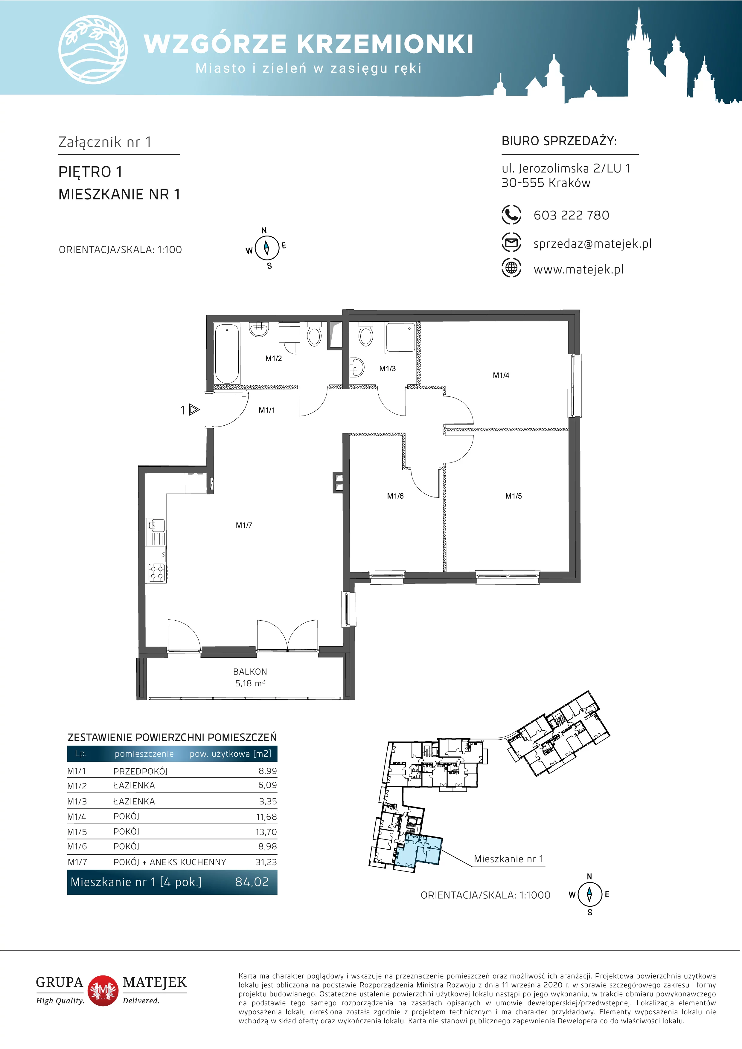 4 pokoje, mieszkanie 84,02 m², piętro 1, oferta nr 1, Wzgórze Krzemionki, Kraków, Podgórze, ul. Jerozolimska 4