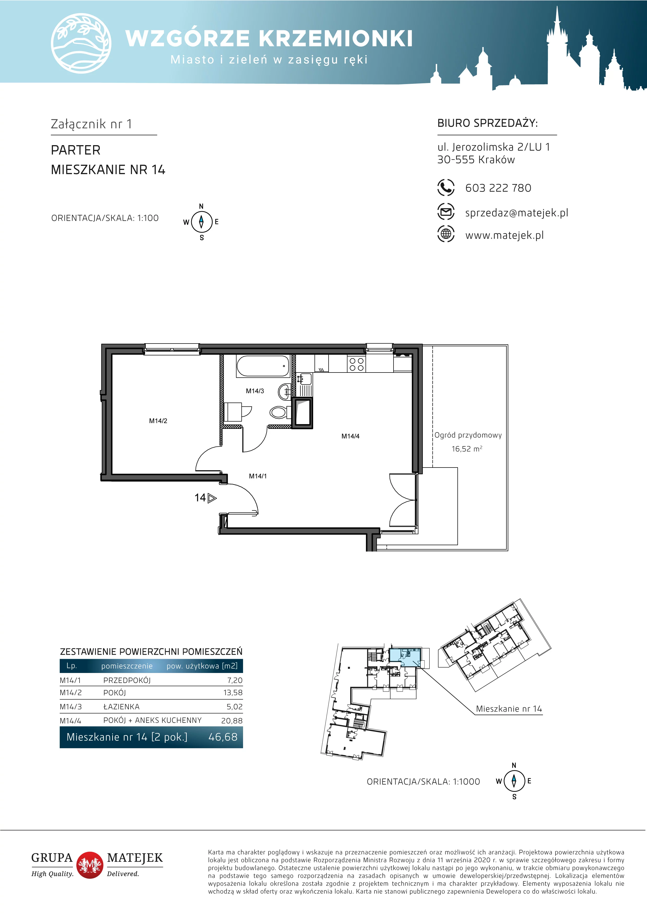 2 pokoje, mieszkanie 46,68 m², parter, oferta nr 14, Wzgórze Krzemionki, Kraków, Podgórze, ul. Jerozolimska 4