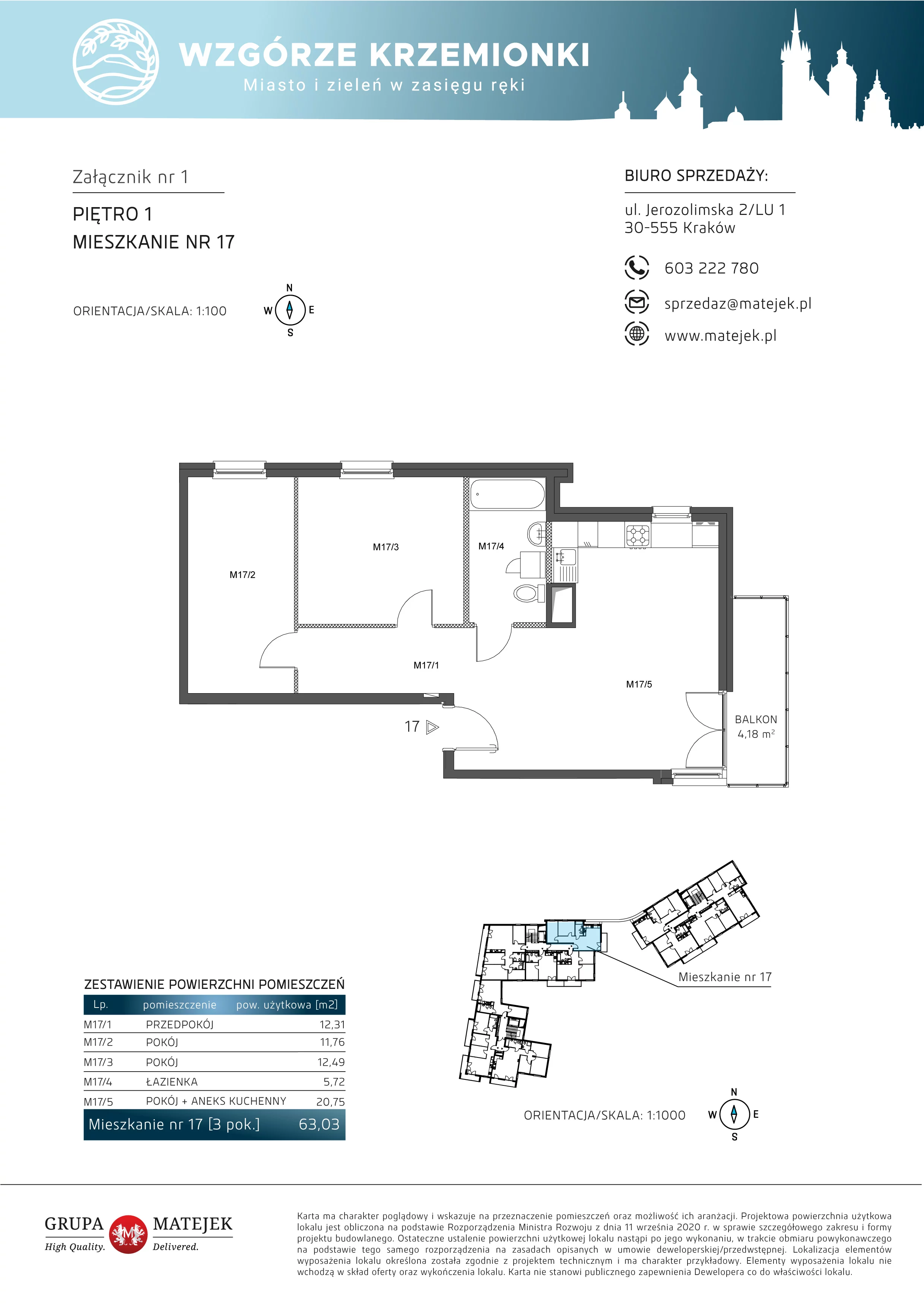 3 pokoje, mieszkanie 63,03 m², piętro 1, oferta nr 17, Wzgórze Krzemionki, Kraków, Podgórze, ul. Jerozolimska 4