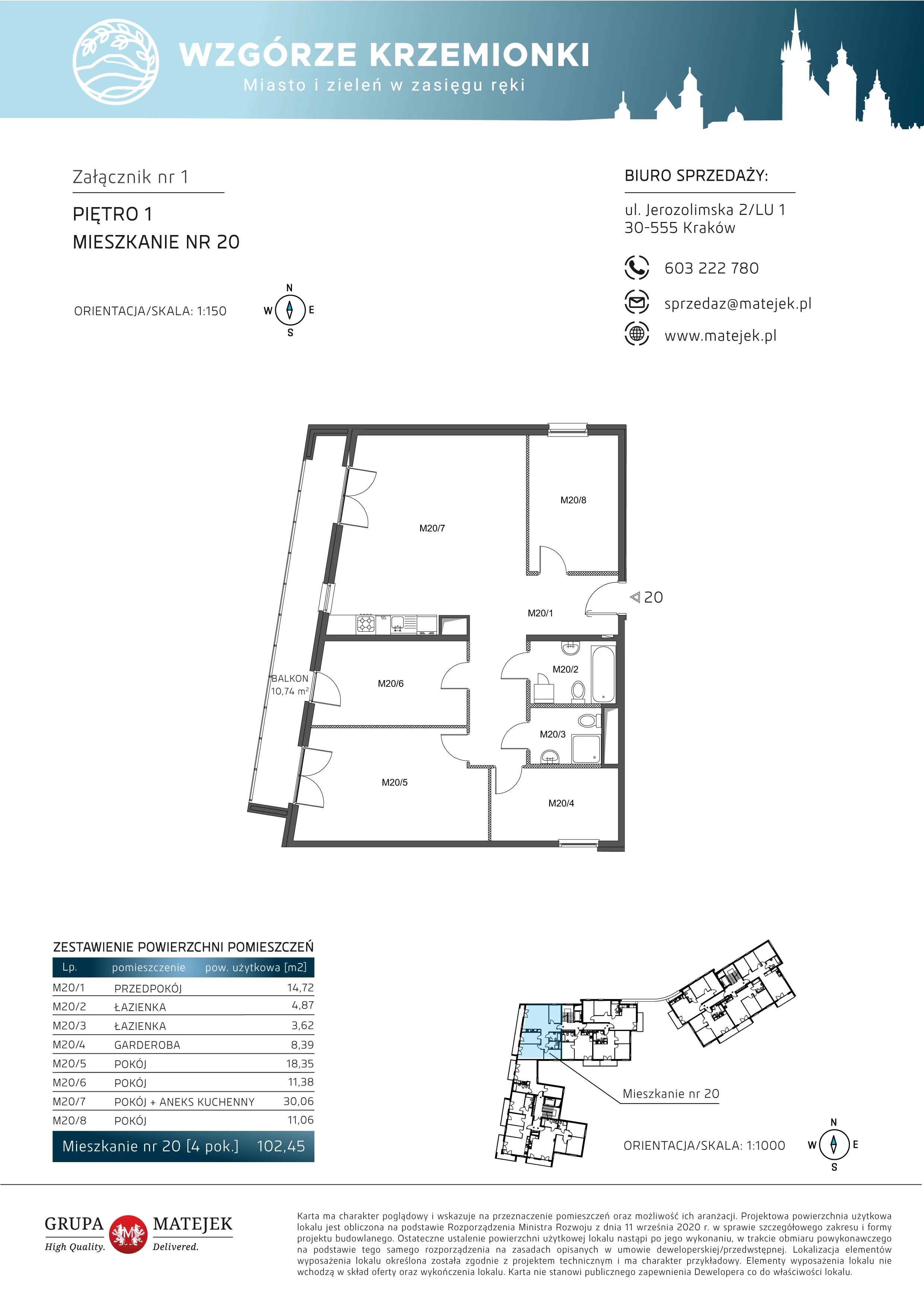 4 pokoje, mieszkanie 102,45 m², piętro 1, oferta nr 20, Wzgórze Krzemionki, Kraków, Podgórze, ul. Jerozolimska 4