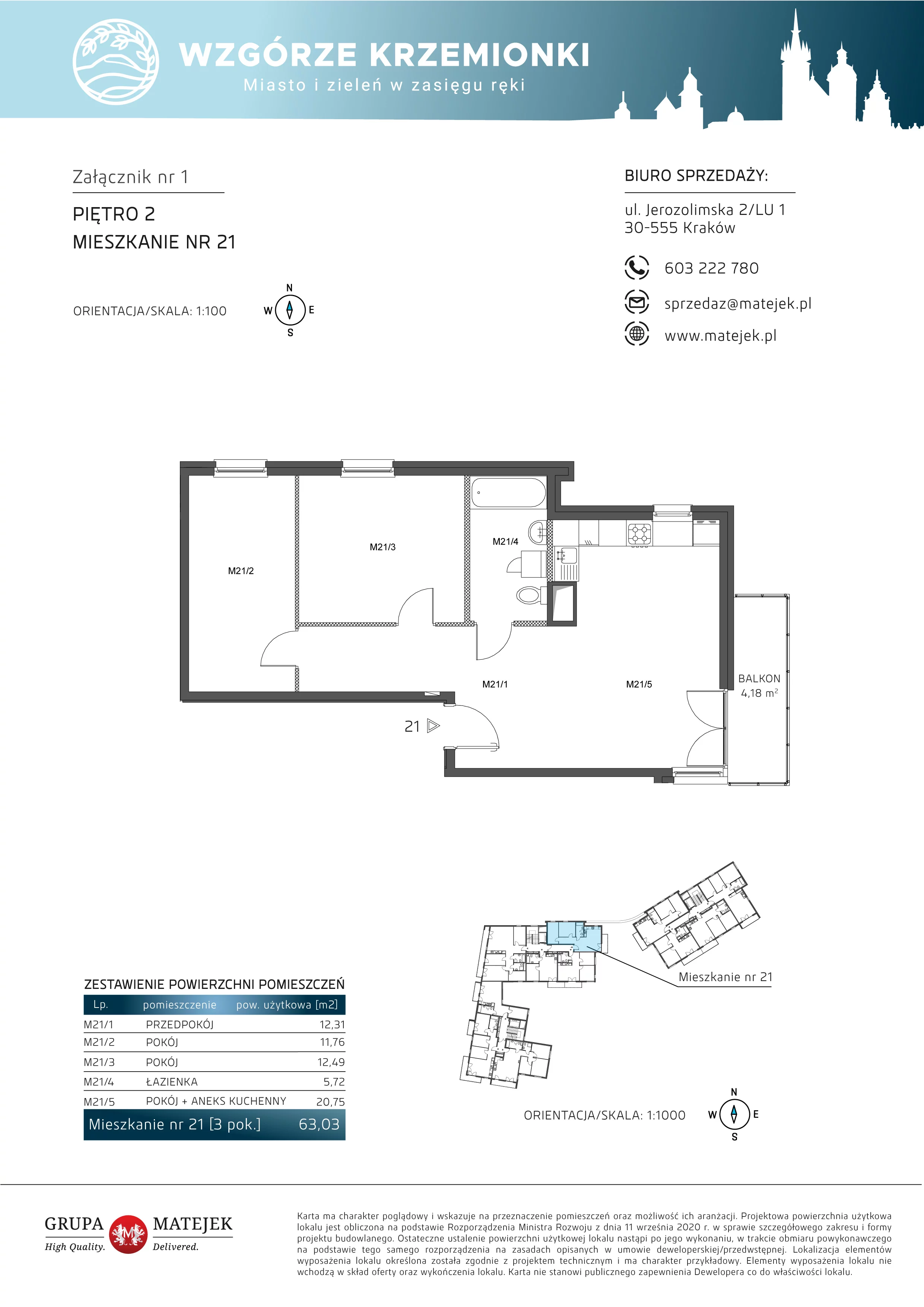 3 pokoje, mieszkanie 63,03 m², piętro 2, oferta nr 21, Wzgórze Krzemionki, Kraków, Podgórze, ul. Jerozolimska 4