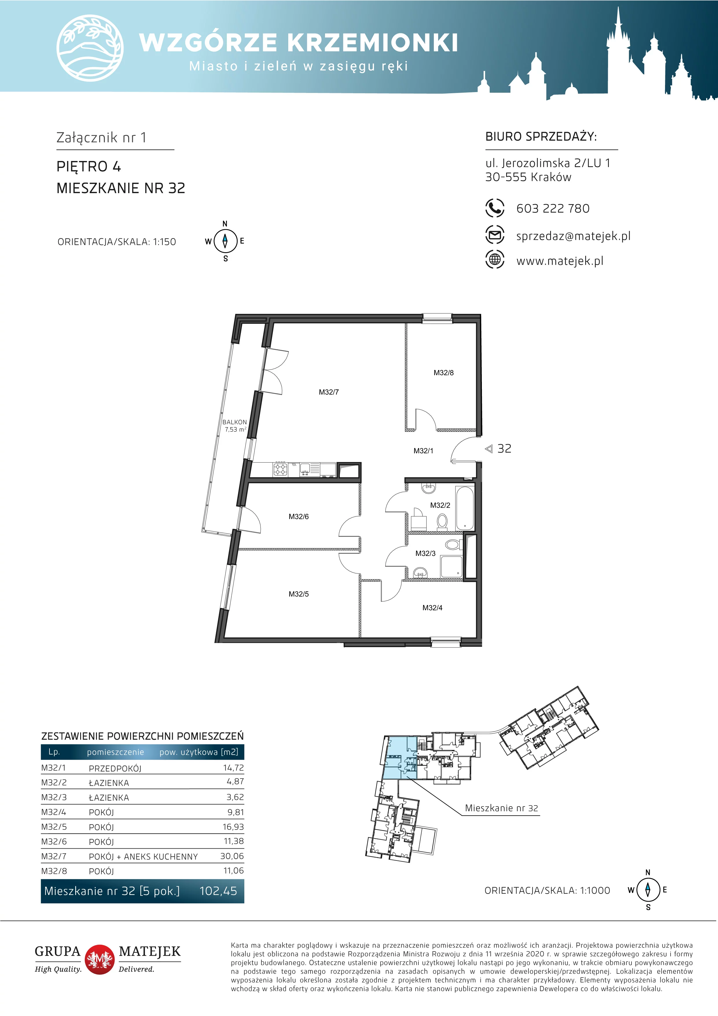 5 pokoi, mieszkanie 102,45 m², piętro 4, oferta nr 32, Wzgórze Krzemionki, Kraków, Podgórze, ul. Jerozolimska 4