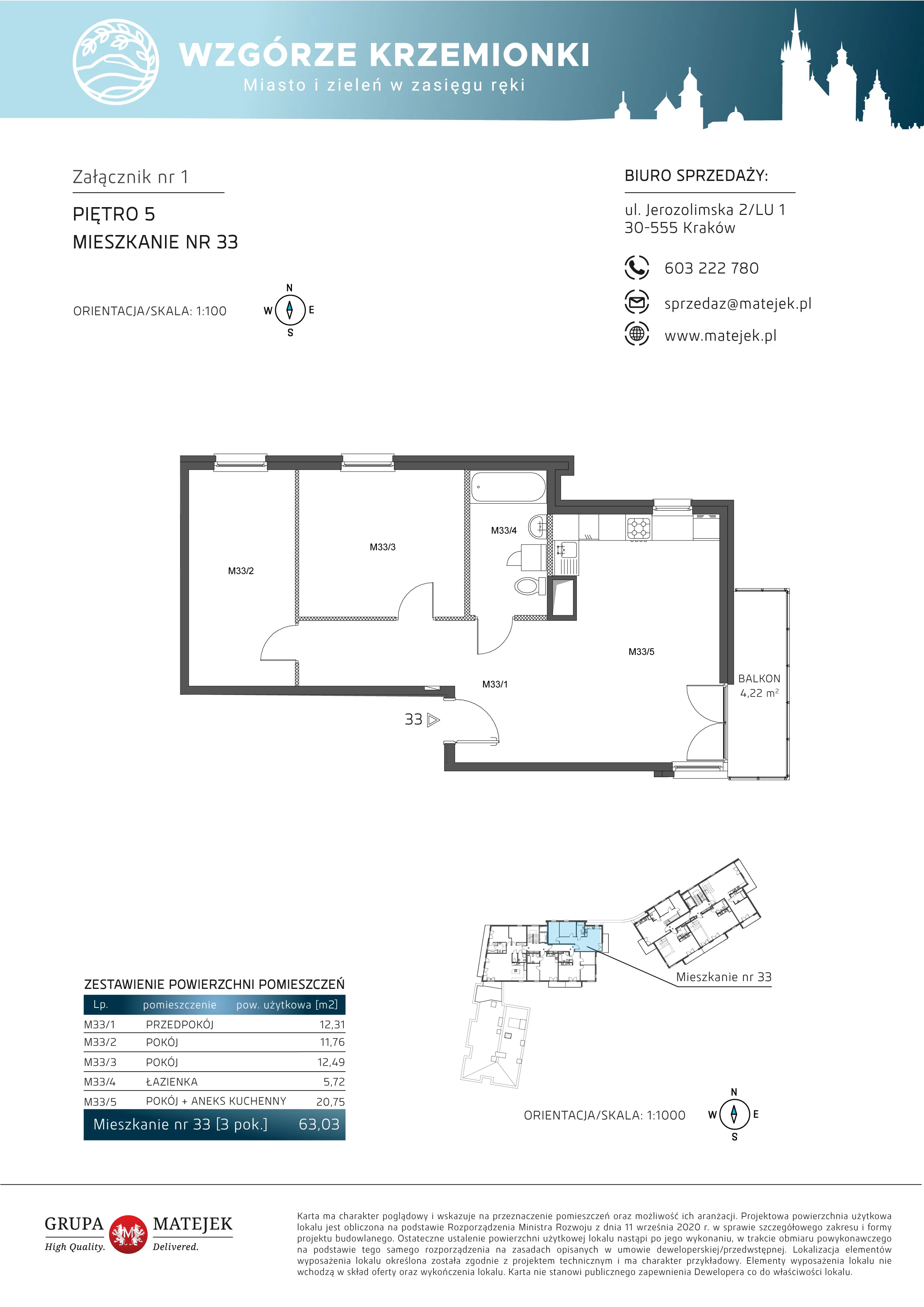 3 pokoje, mieszkanie 63,03 m², piętro 5, oferta nr 33, Wzgórze Krzemionki, Kraków, Podgórze, ul. Jerozolimska 4
