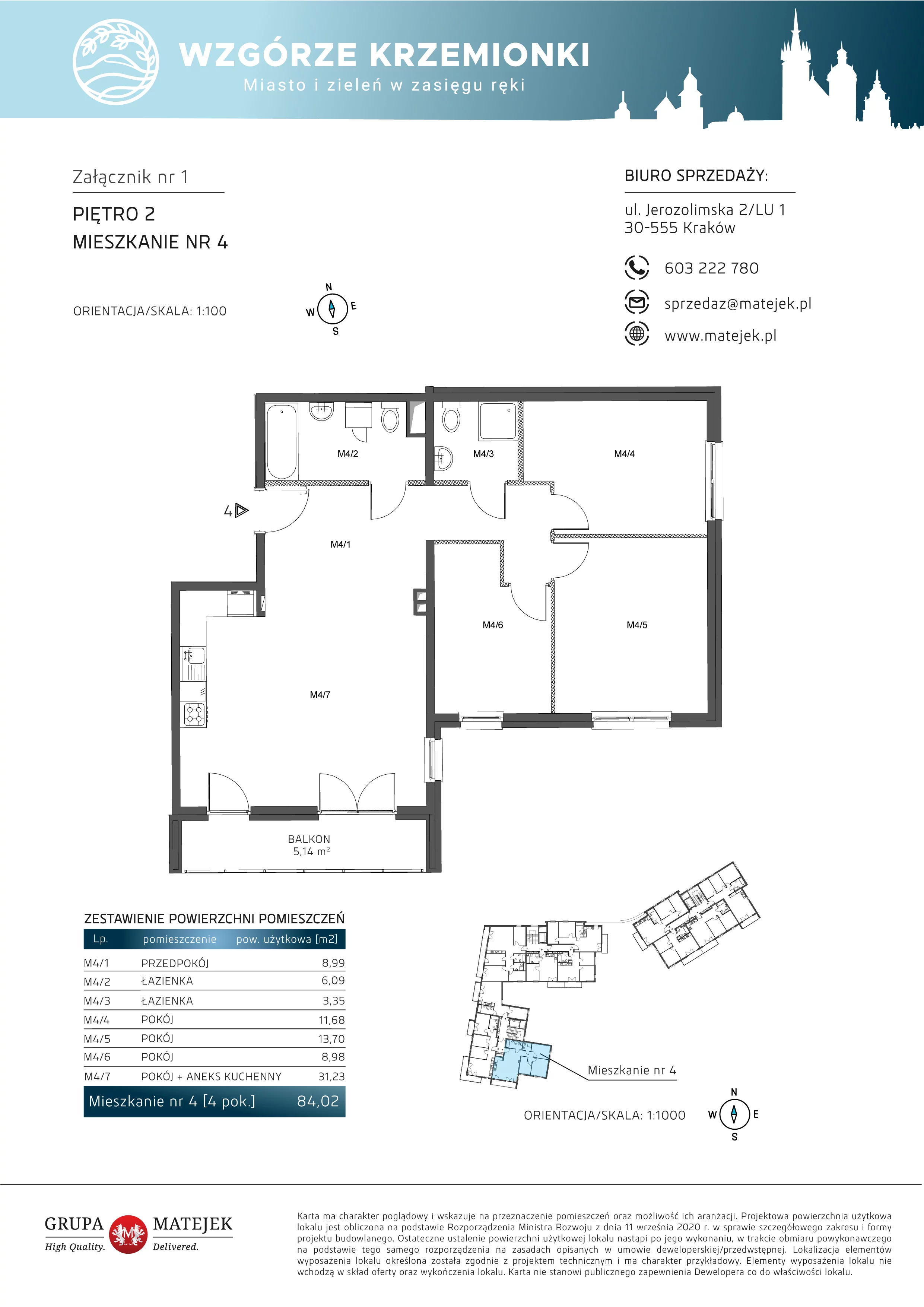 4 pokoje, mieszkanie 84,02 m², piętro 2, oferta nr 4, Wzgórze Krzemionki, Kraków, Podgórze, ul. Jerozolimska 4