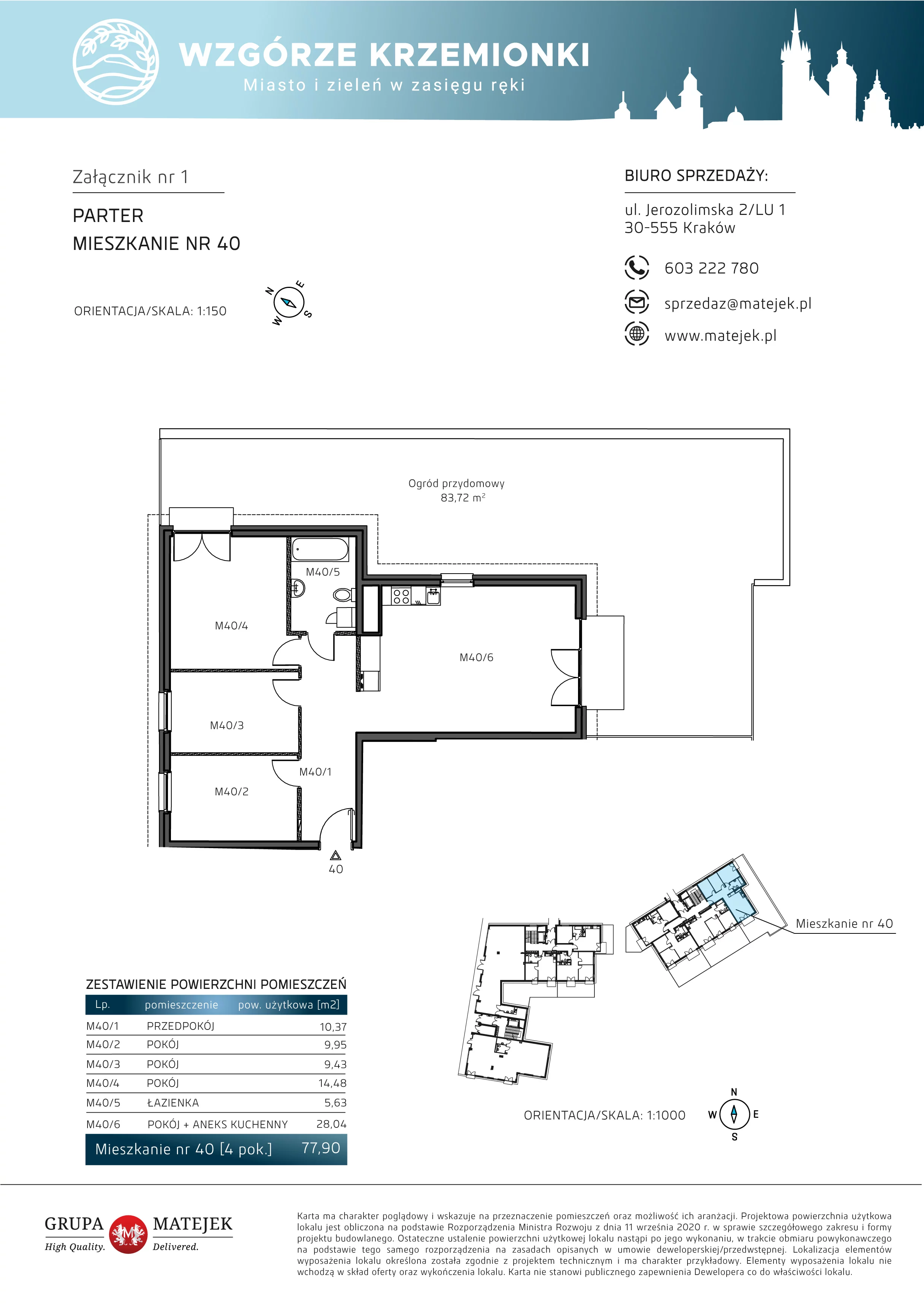 4 pokoje, mieszkanie 77,90 m², parter, oferta nr 40, Wzgórze Krzemionki, Kraków, Podgórze, ul. Jerozolimska 4