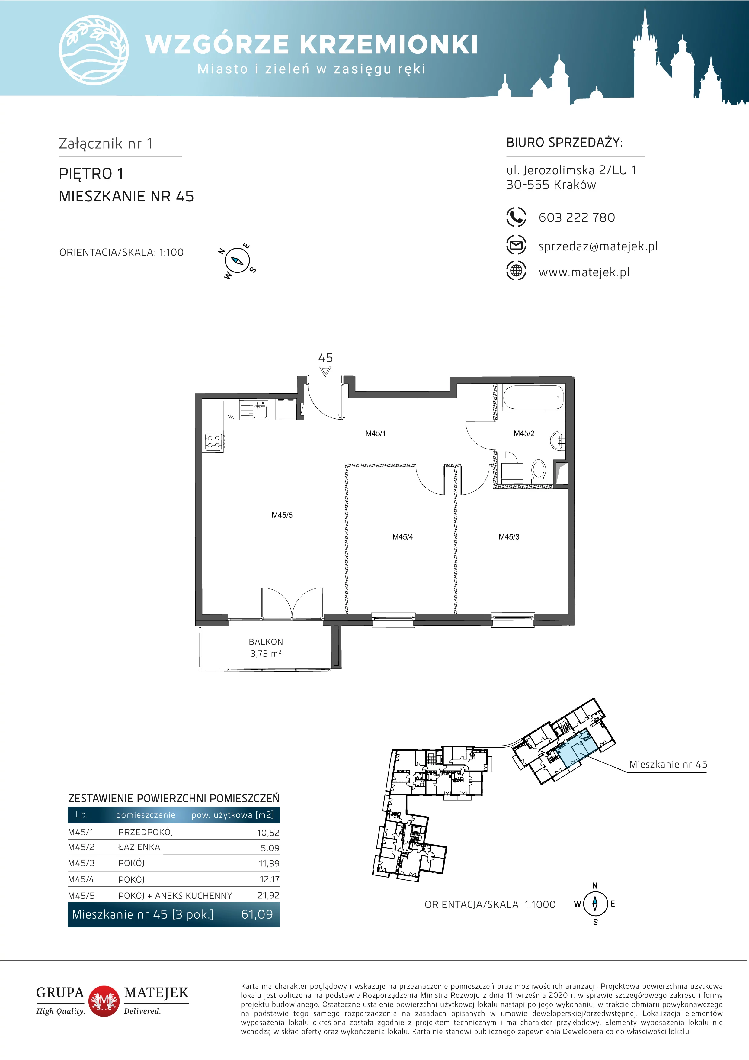 3 pokoje, mieszkanie 61,09 m², piętro 1, oferta nr 45, Wzgórze Krzemionki, Kraków, Podgórze, ul. Jerozolimska 4
