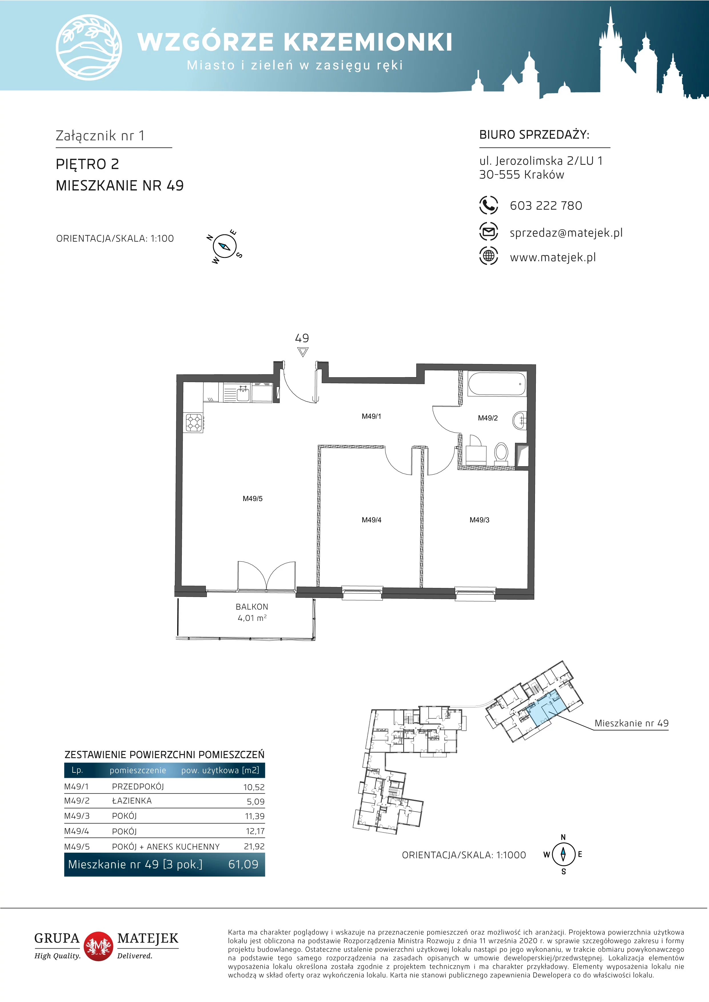 3 pokoje, mieszkanie 61,09 m², piętro 2, oferta nr 49, Wzgórze Krzemionki, Kraków, Podgórze, ul. Jerozolimska 4