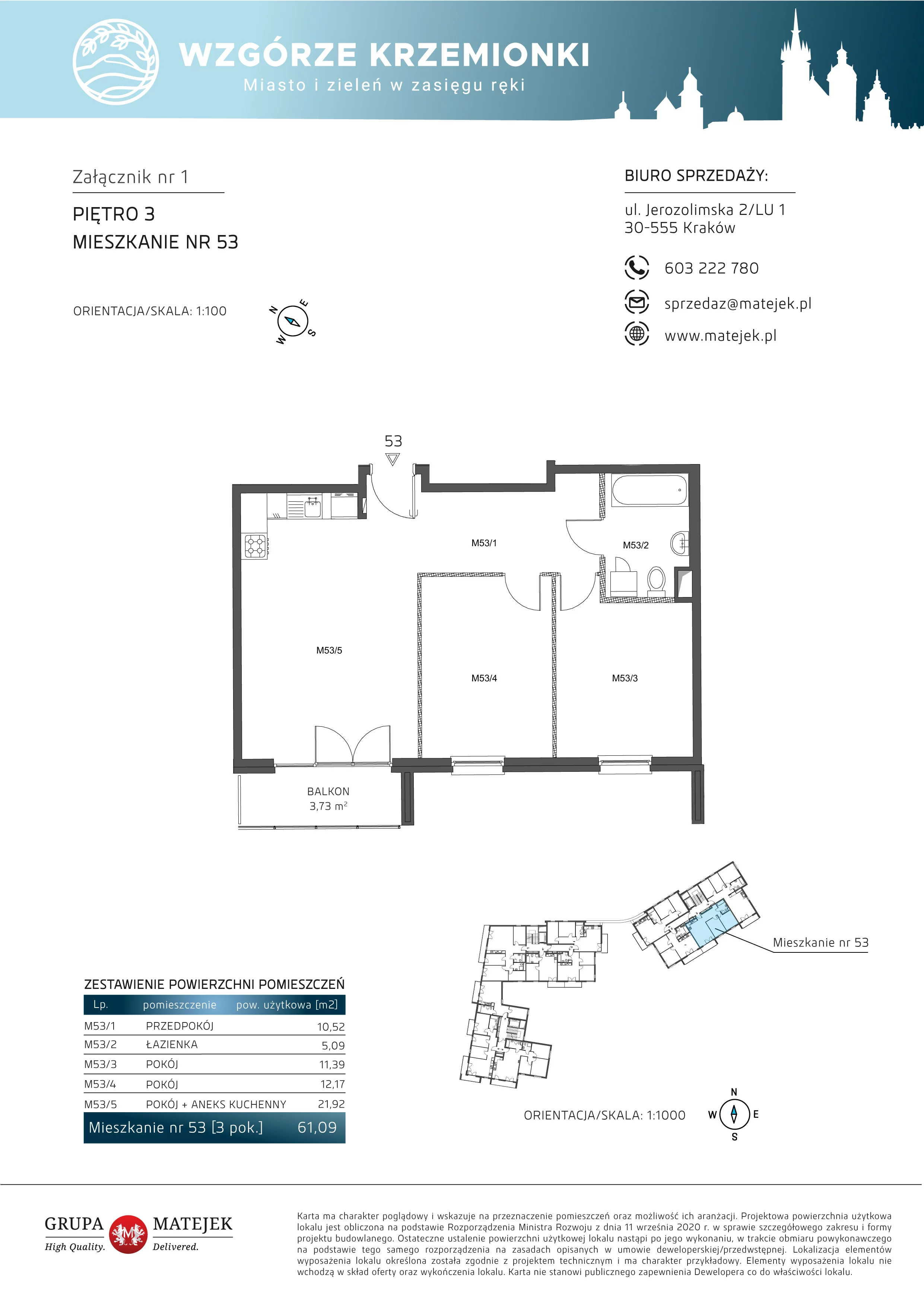 3 pokoje, mieszkanie 61,09 m², piętro 3, oferta nr 53, Wzgórze Krzemionki, Kraków, Podgórze, ul. Jerozolimska 4