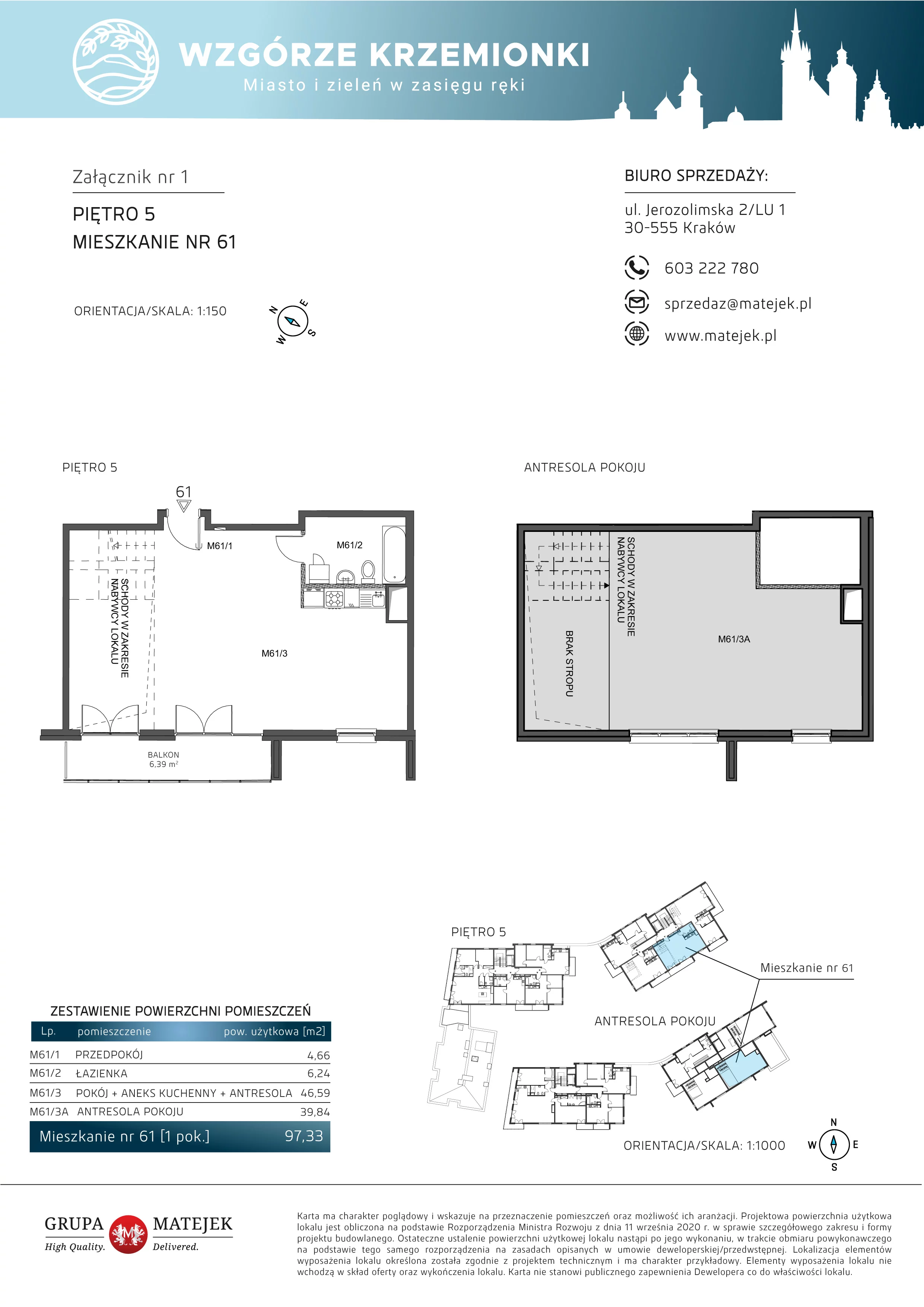 1 pokój, mieszkanie 97,33 m², piętro 5, oferta nr 61, Wzgórze Krzemionki, Kraków, Podgórze, ul. Jerozolimska 4