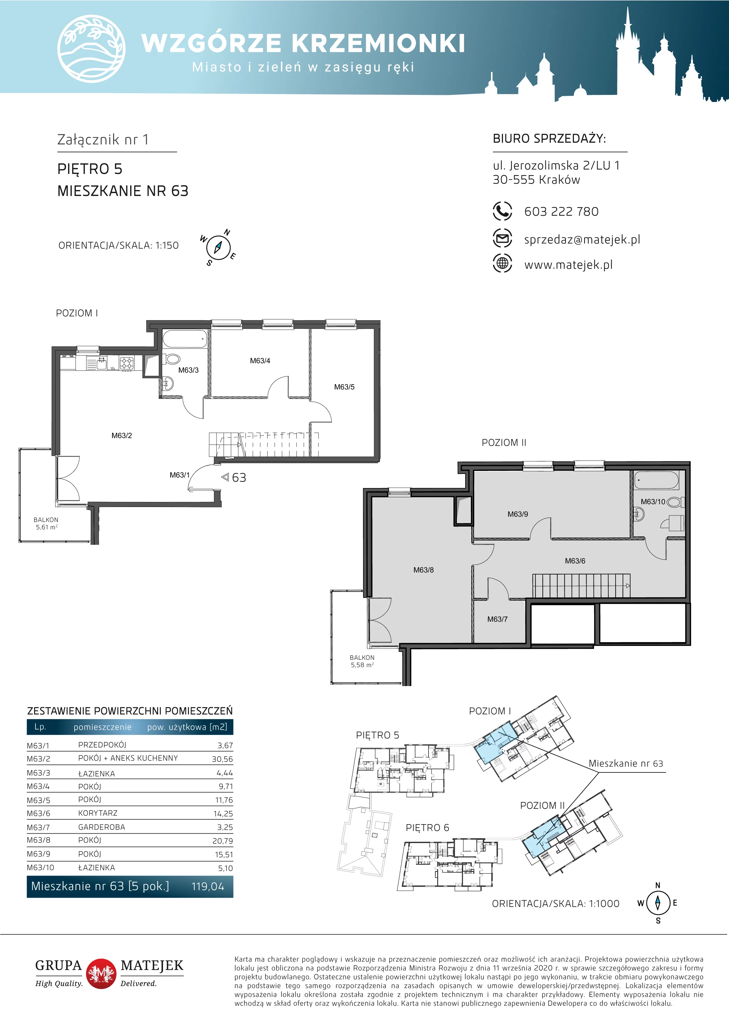 5 pokoi, mieszkanie 119,04 m², piętro 5, oferta nr 63, Wzgórze Krzemionki, Kraków, Podgórze, ul. Jerozolimska 4