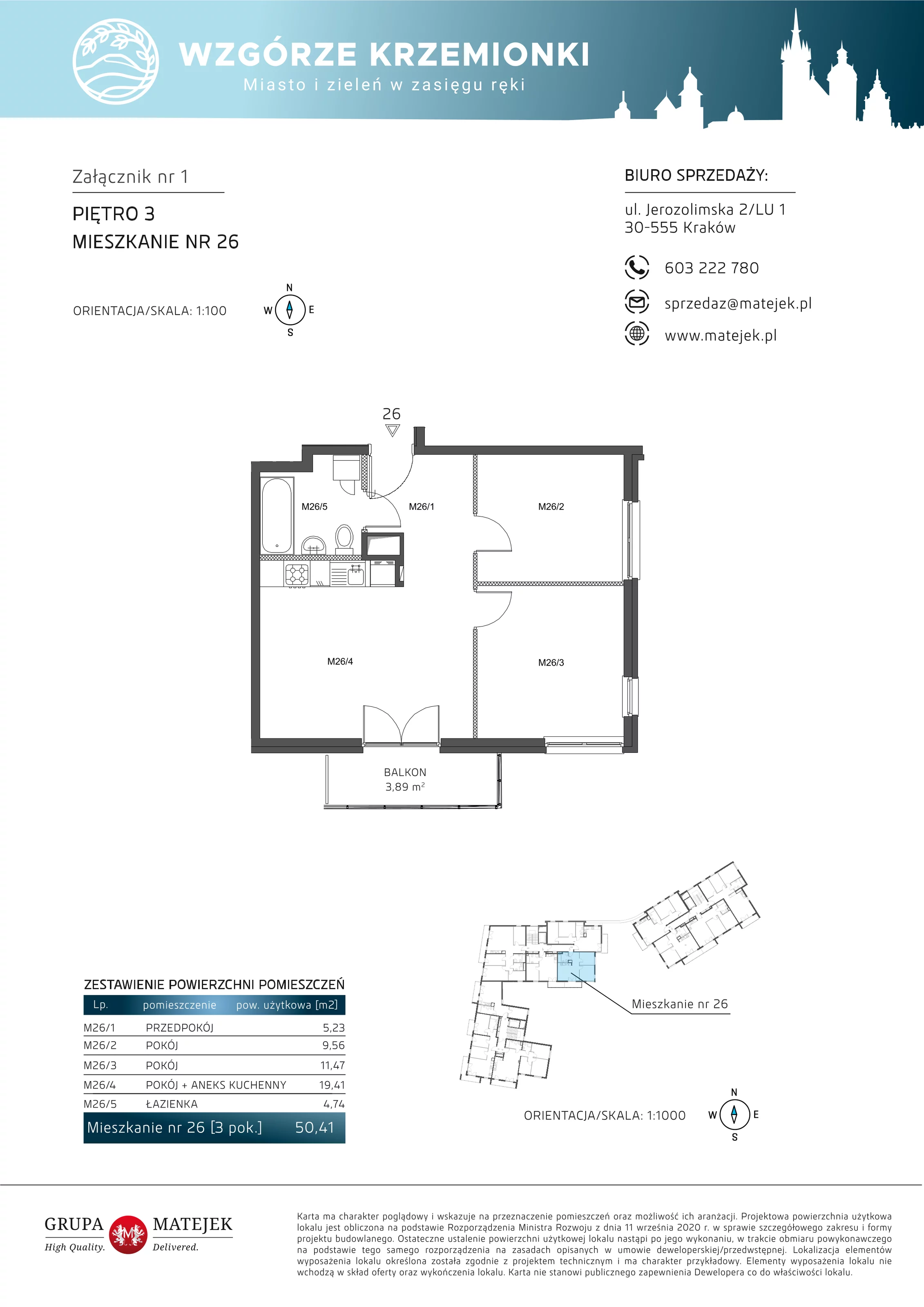 3 pokoje, mieszkanie 50,41 m², piętro 3, oferta nr 26, Wzgórze Krzemionki, Kraków, Podgórze, ul. Jerozolimska 4
