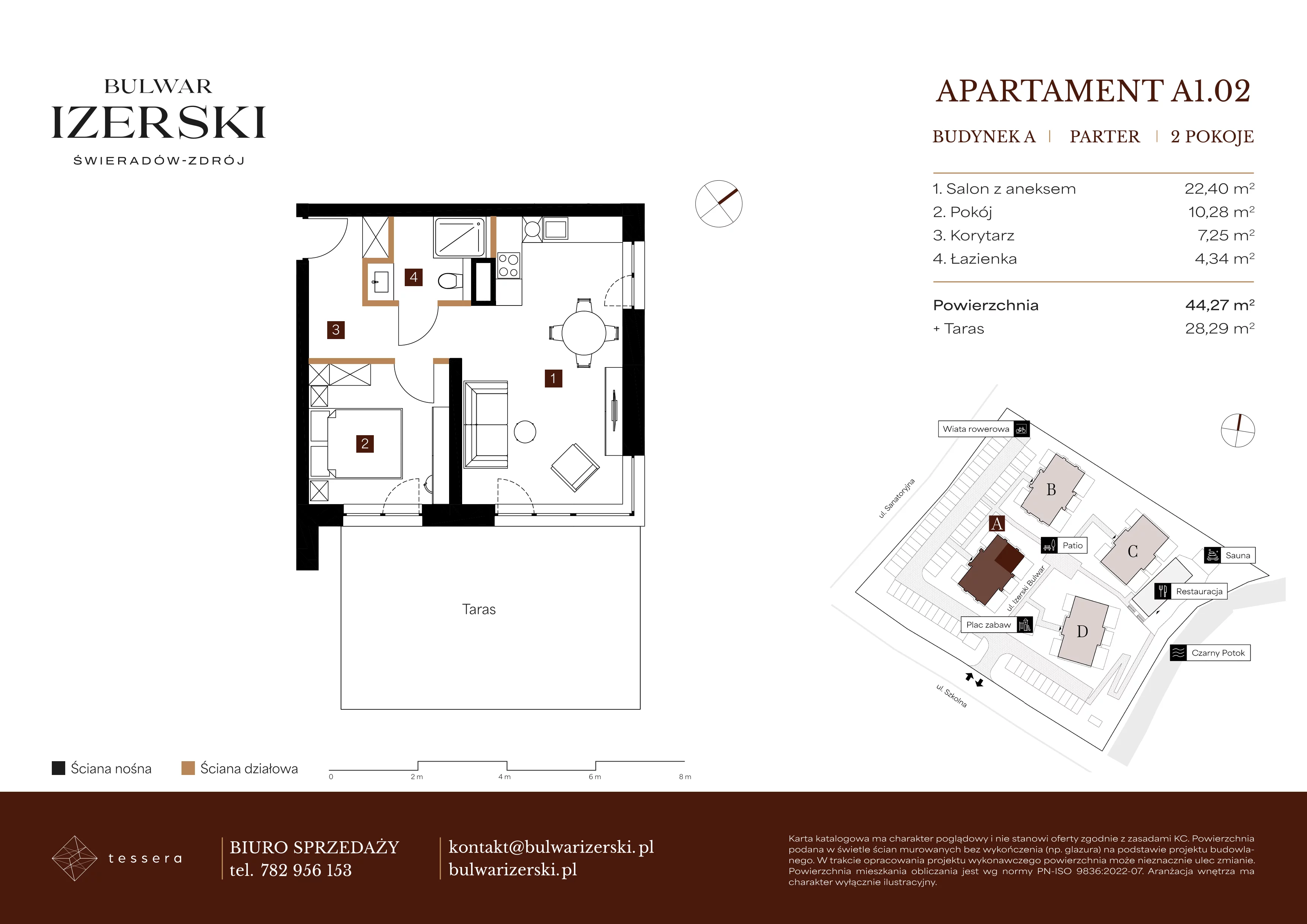 2 pokoje, apartament 44,27 m², parter, oferta nr A1.02, Bulwar Izerski, Świeradów-Zdrój, ul. Szkolna/ul. Sanatoryjna