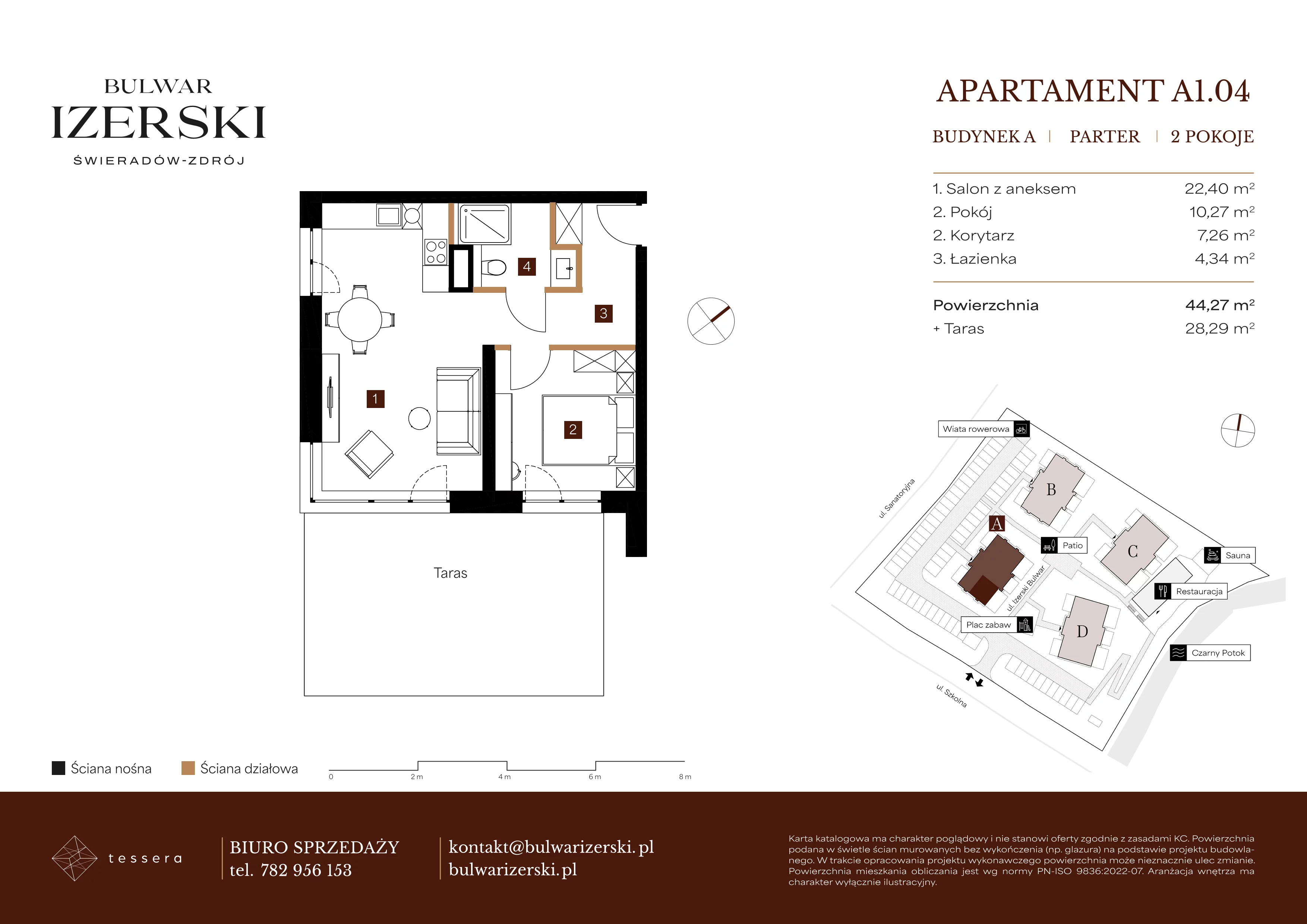2 pokoje, apartament 44,27 m², parter, oferta nr A1.04, Bulwar Izerski, Świeradów-Zdrój, ul. Szkolna/ul. Sanatoryjna
