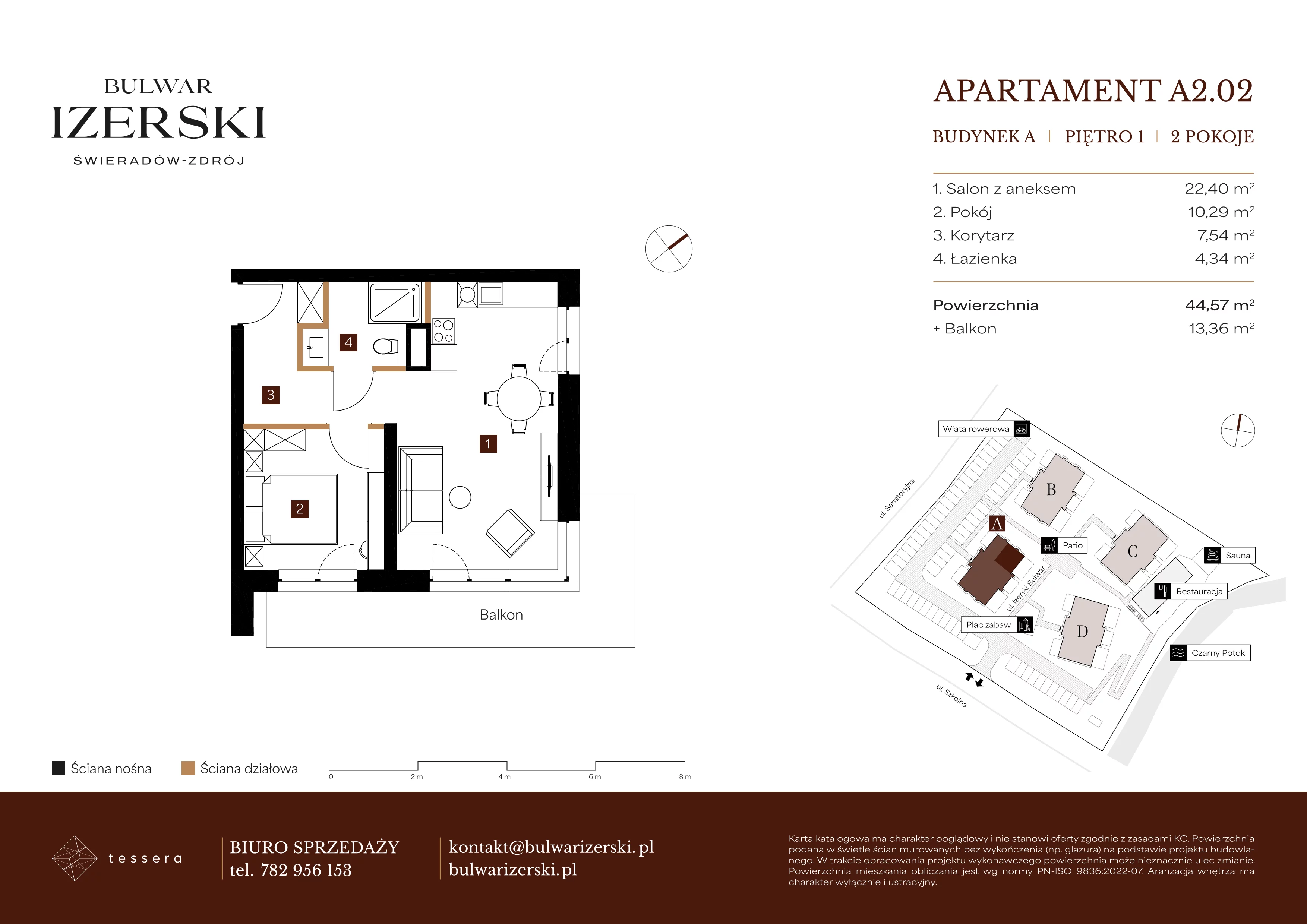 2 pokoje, apartament 44,57 m², piętro 1, oferta nr A2.02, Bulwar Izerski, Świeradów-Zdrój, ul. Szkolna/ul. Sanatoryjna