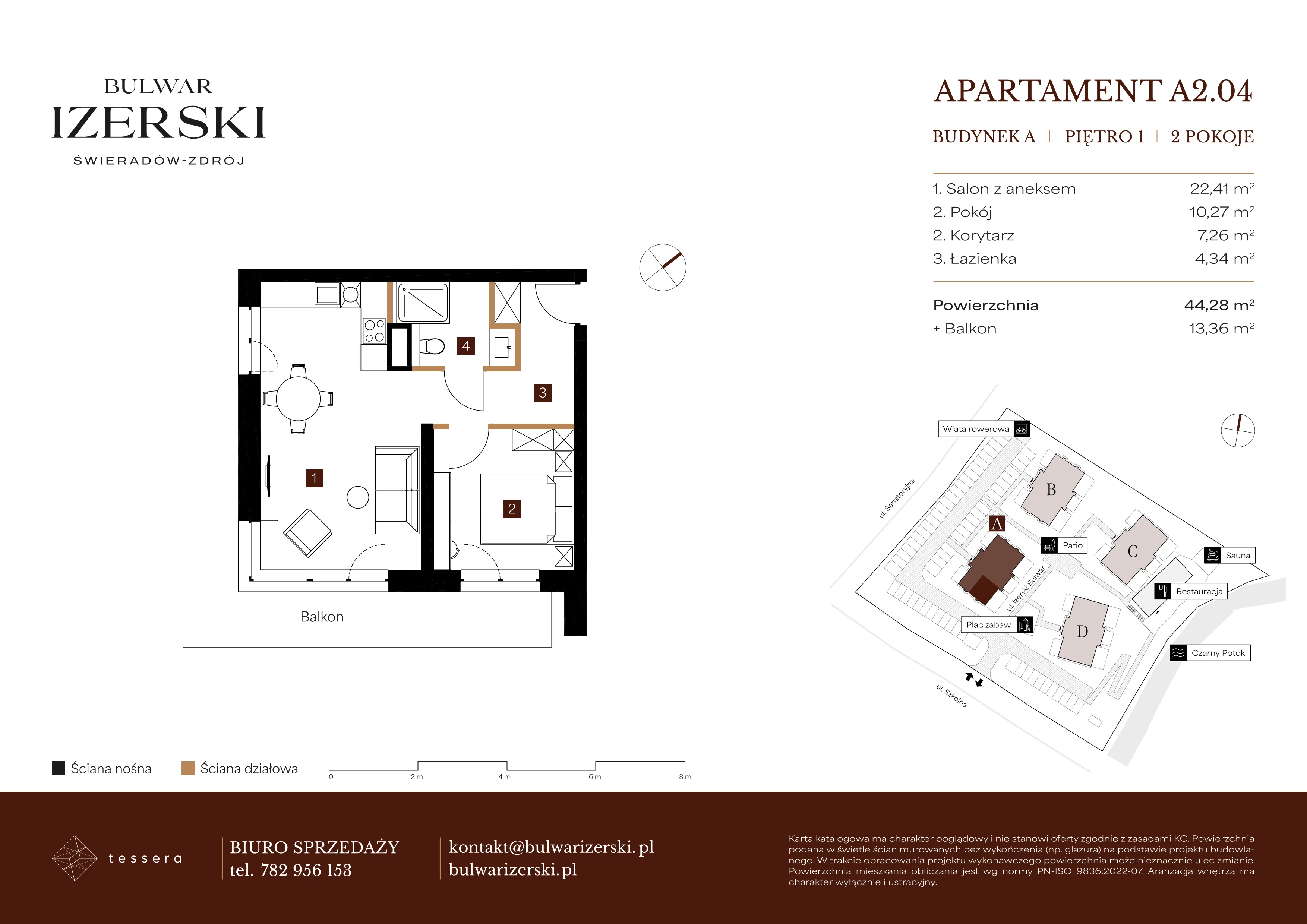 2 pokoje, apartament 44,28 m², piętro 1, oferta nr A2.04, Bulwar Izerski, Świeradów-Zdrój, ul. Szkolna/ul. Sanatoryjna