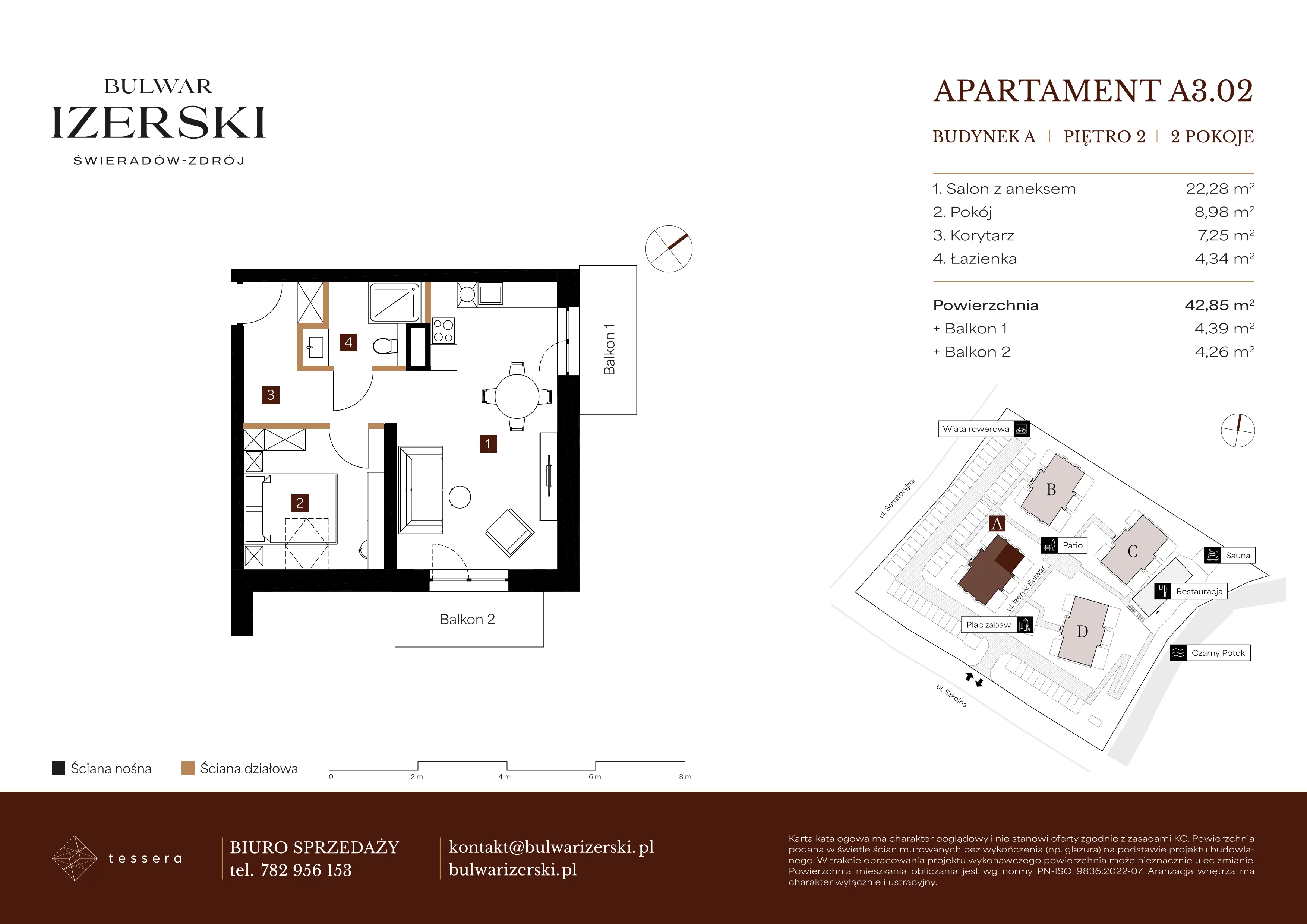2 pokoje, apartament 42,85 m², piętro 2, oferta nr A3.02, Bulwar Izerski, Świeradów-Zdrój, ul. Szkolna/ul. Sanatoryjna