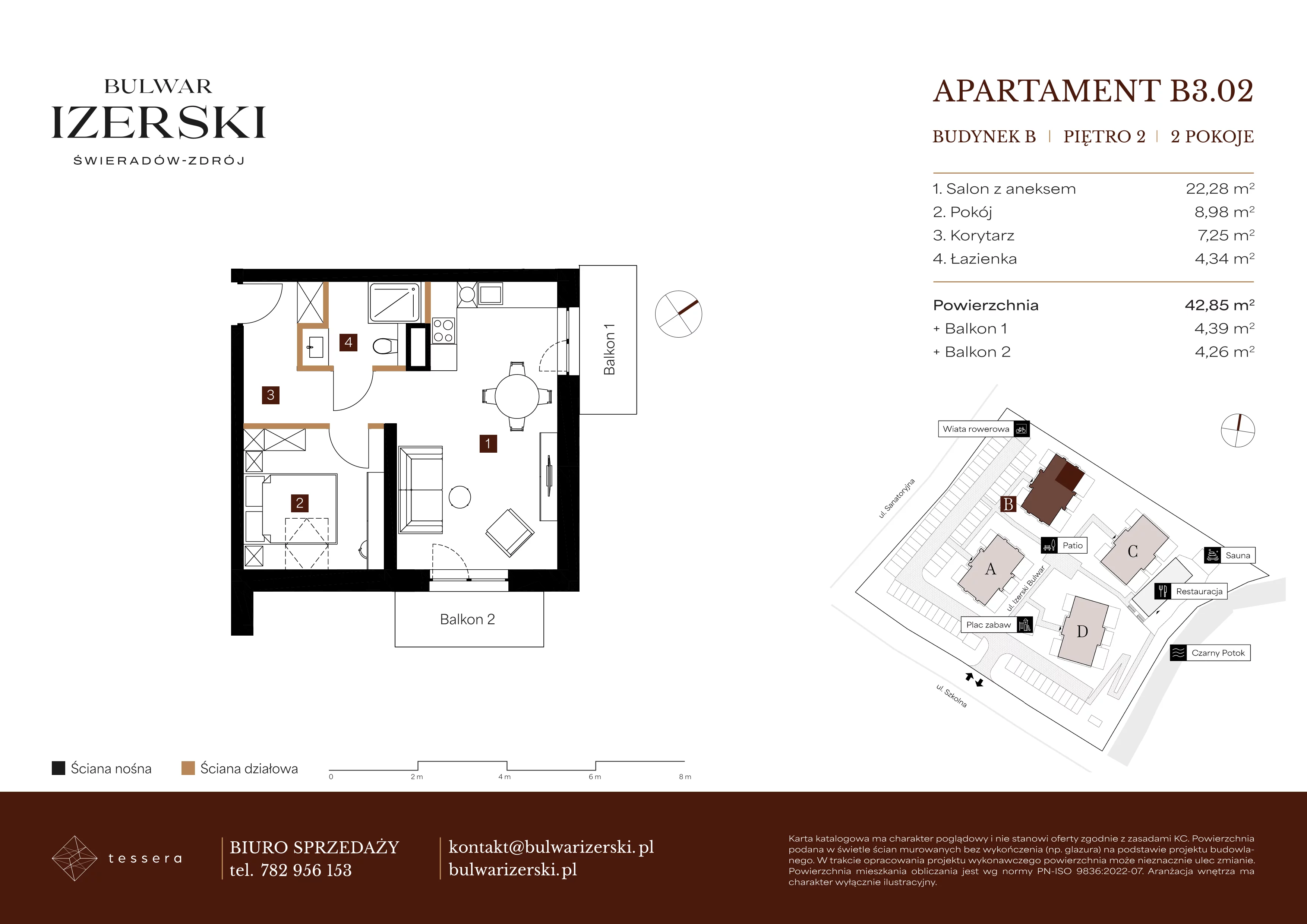 2 pokoje, apartament 42,85 m², piętro 2, oferta nr B3.02, Bulwar Izerski, Świeradów-Zdrój, ul. Szkolna/ul. Sanatoryjna
