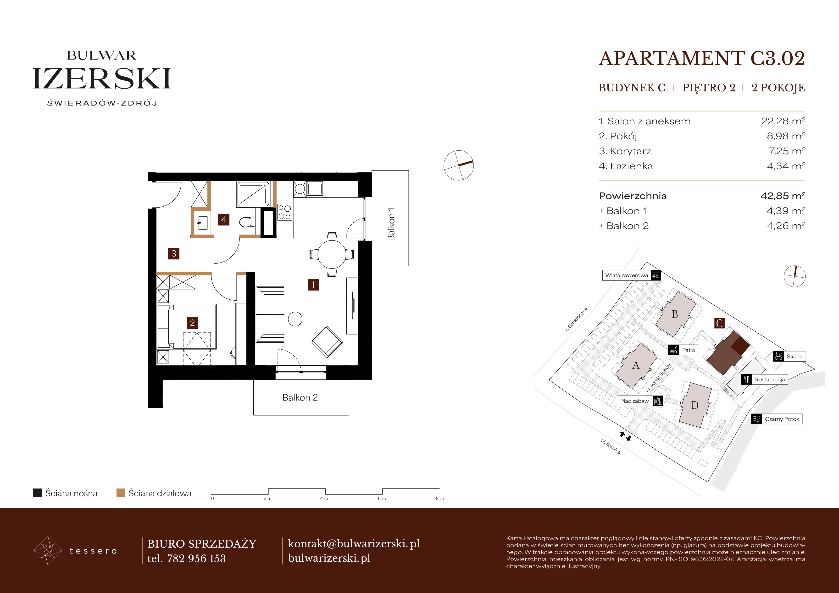 2 pokoje, apartament 42,85 m², piętro 2, oferta nr C3.02, Bulwar Izerski, Świeradów-Zdrój, ul. Szkolna/ul. Sanatoryjna