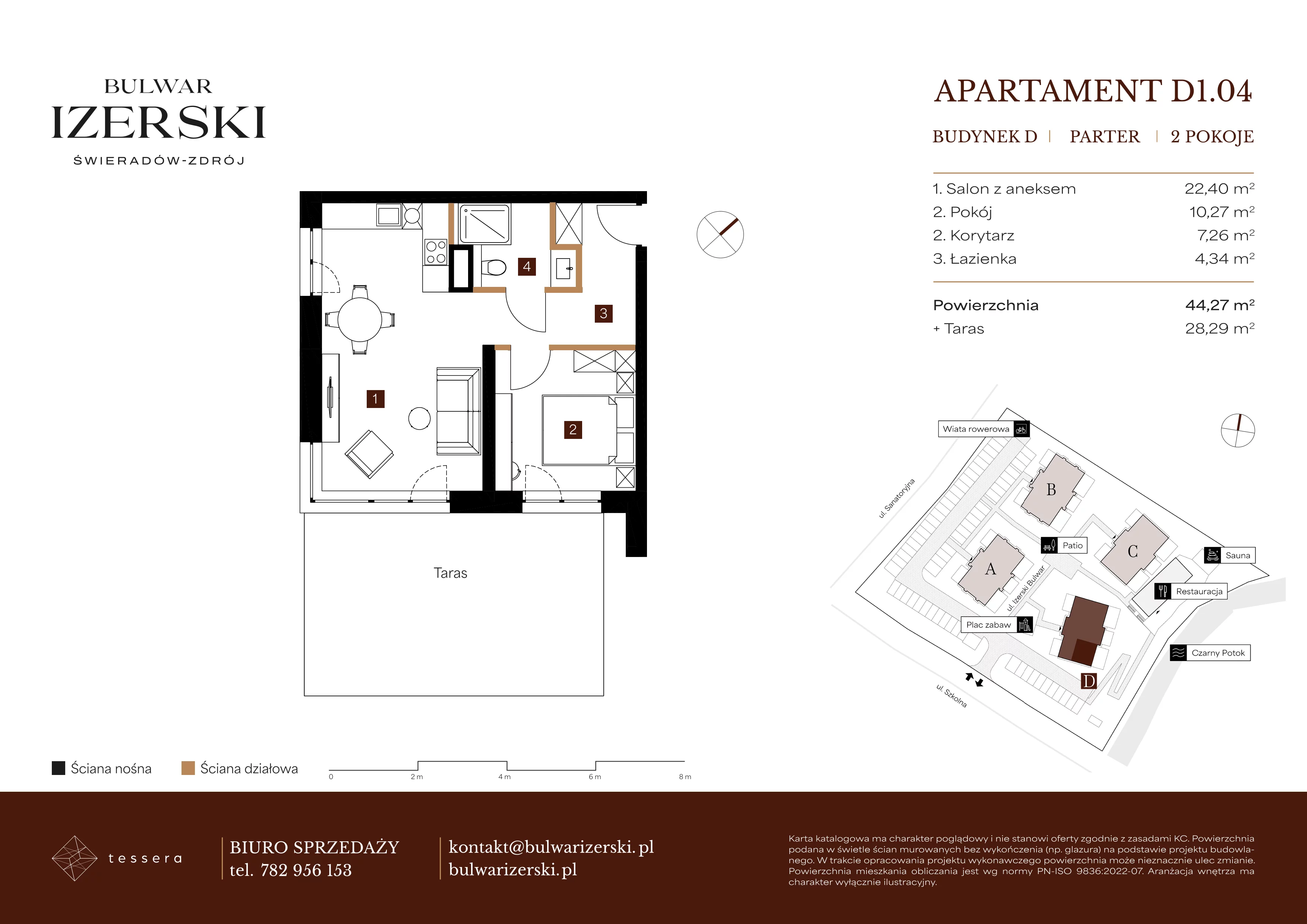 2 pokoje, apartament 44,27 m², parter, oferta nr D1.04, Bulwar Izerski, Świeradów-Zdrój, ul. Szkolna/ul. Sanatoryjna